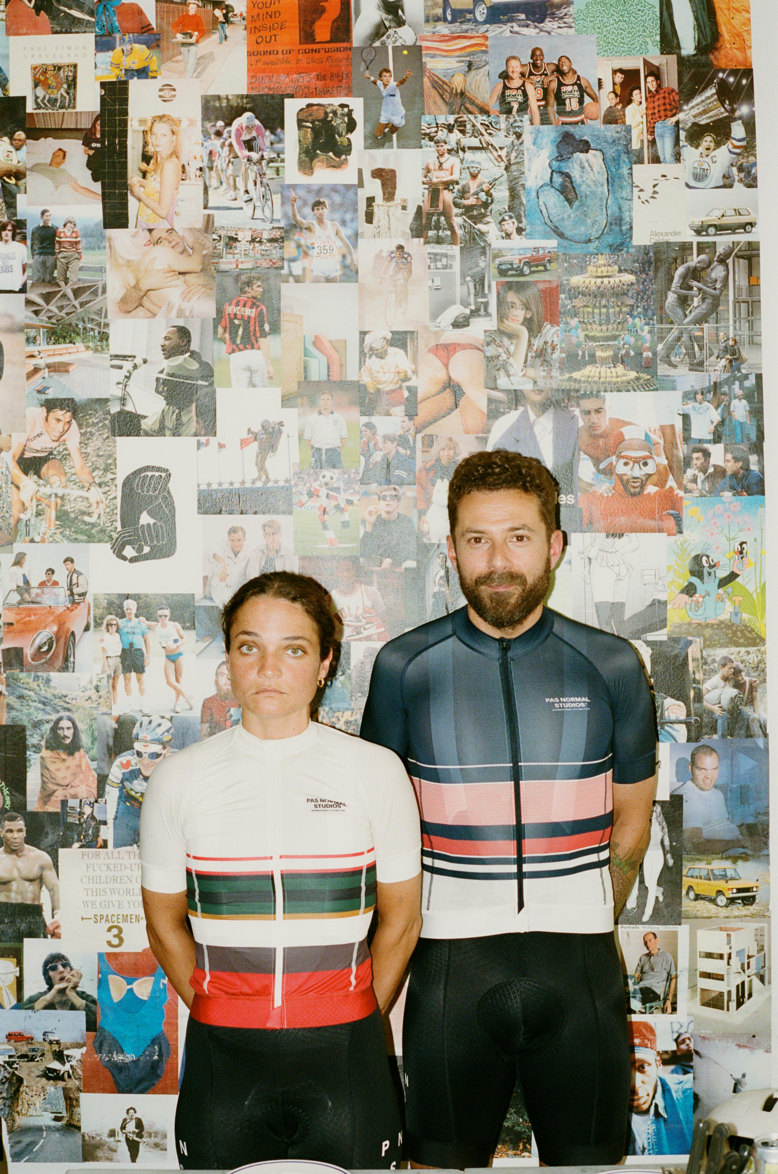 Models wearing Mechanism jerseys with colorful striped patterns against collage wall