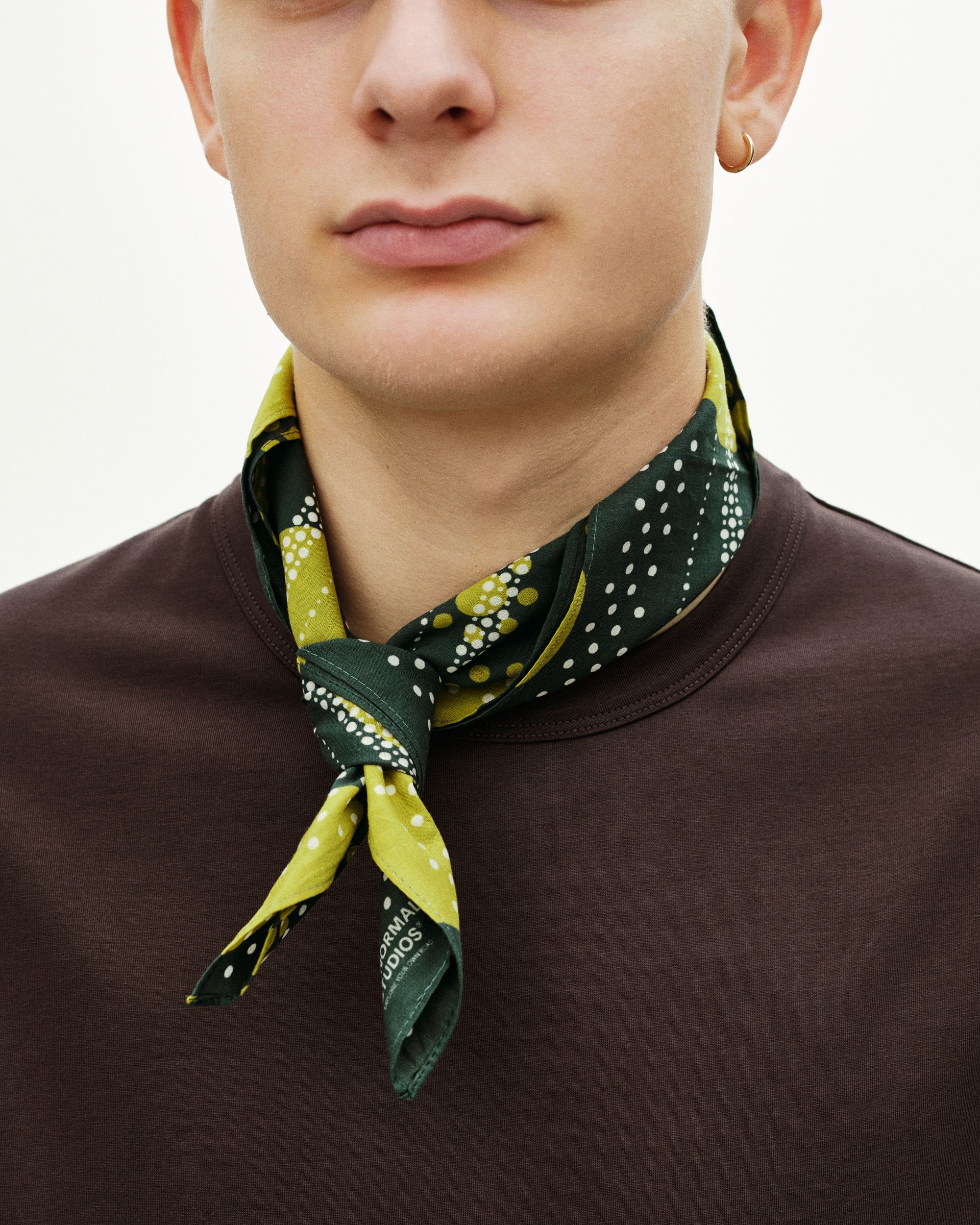 Green Off-Race Bandana on model with yellow and white polka dot print