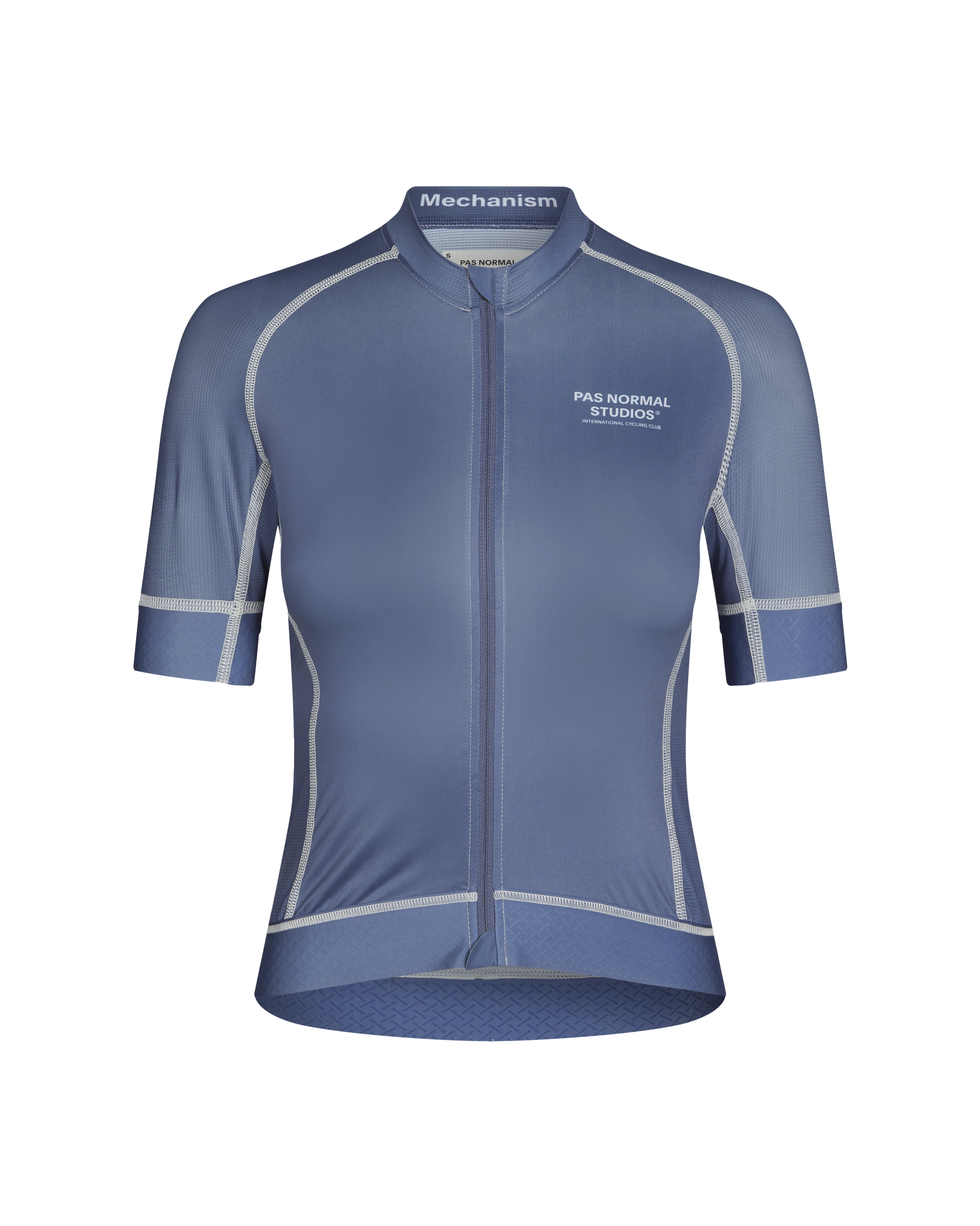 Light Indigo Mechanism cycling jersey, front view with contrast stitching and reflective trim