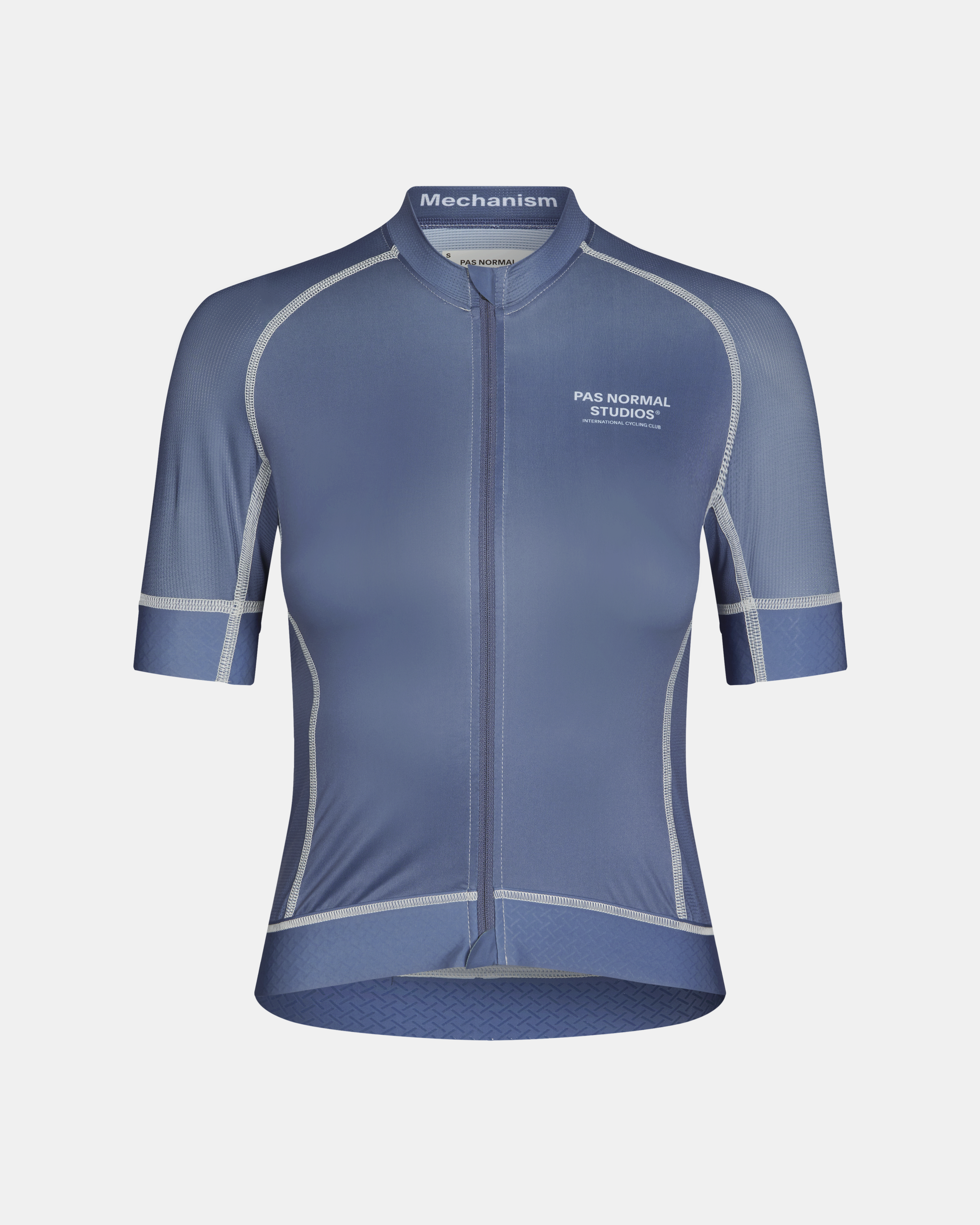 Light Indigo Mechanism cycling jersey, front view with contrast stitching and reflective trim