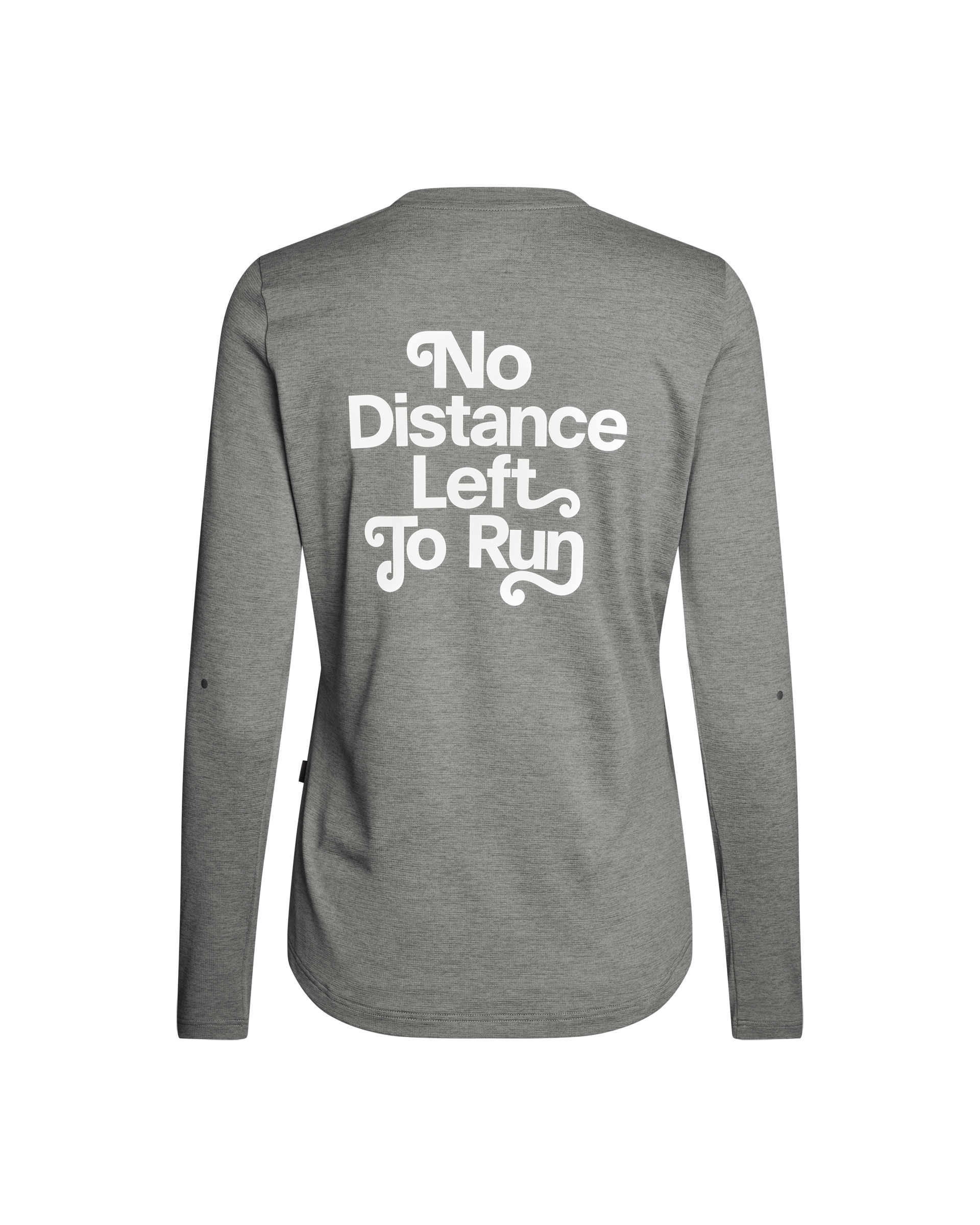 Grey Balance long sleeve t-shirt, rear view with white No Distance Left To Run text print