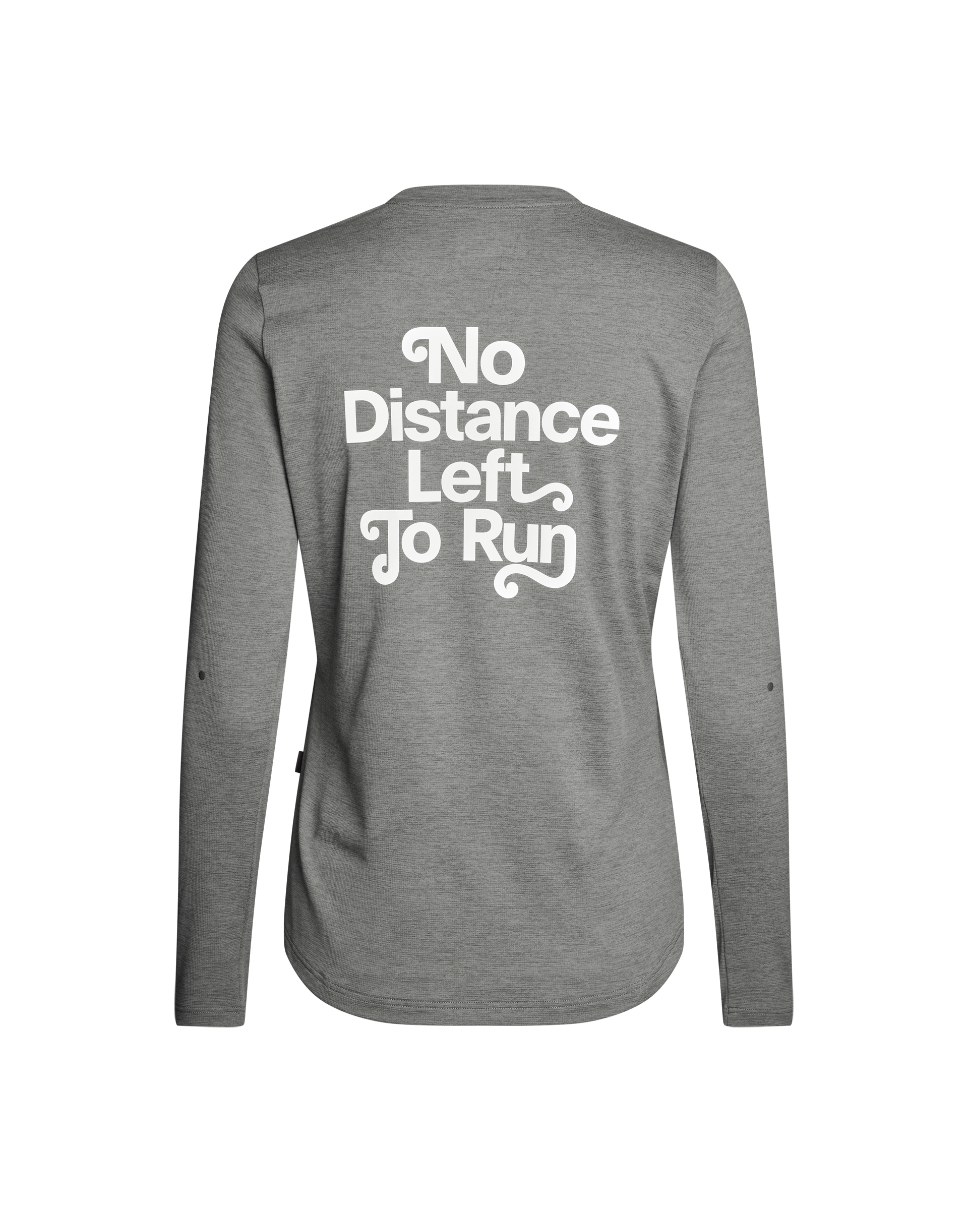 Grey Balance long sleeve t-shirt, rear view with white No Distance Left To Run text print