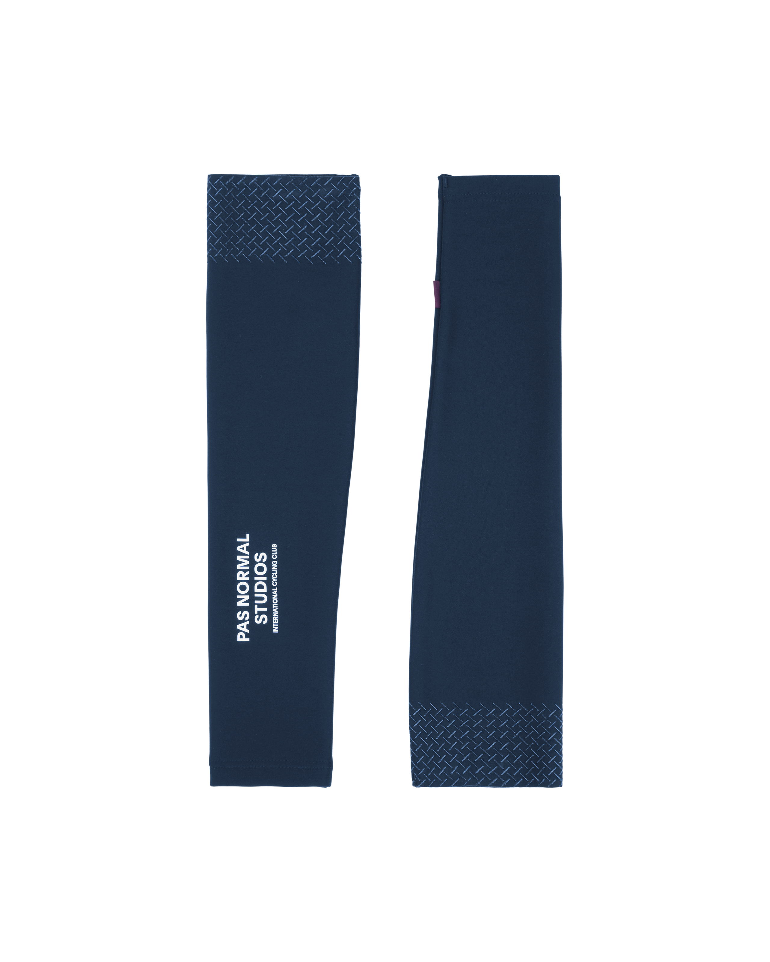 Navy Logo arm warmers pair flat lay with textured cuffs and white logo print