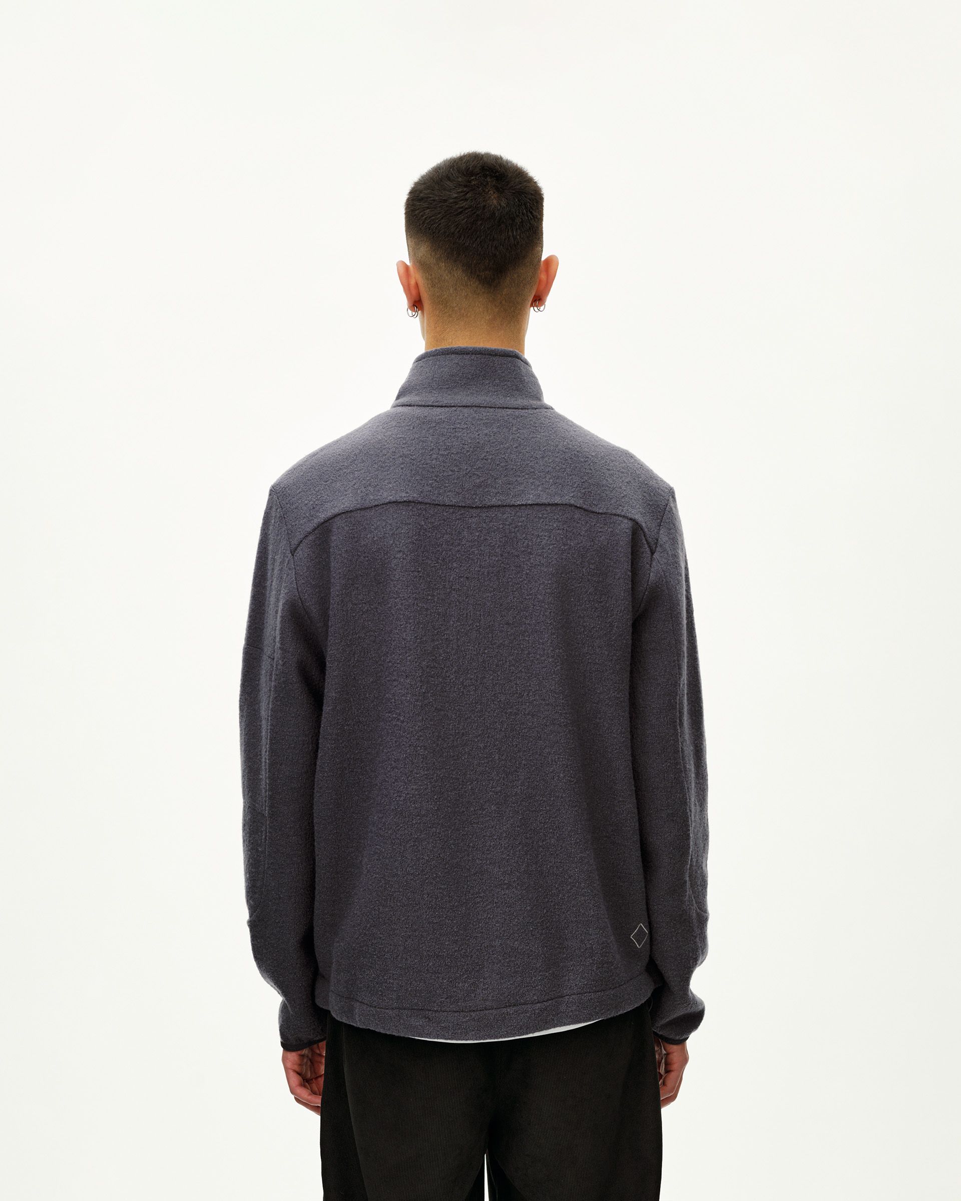 Steel grey Off-Race Boiled Wool Half-Zip outerwear, rear view on model with stand collar