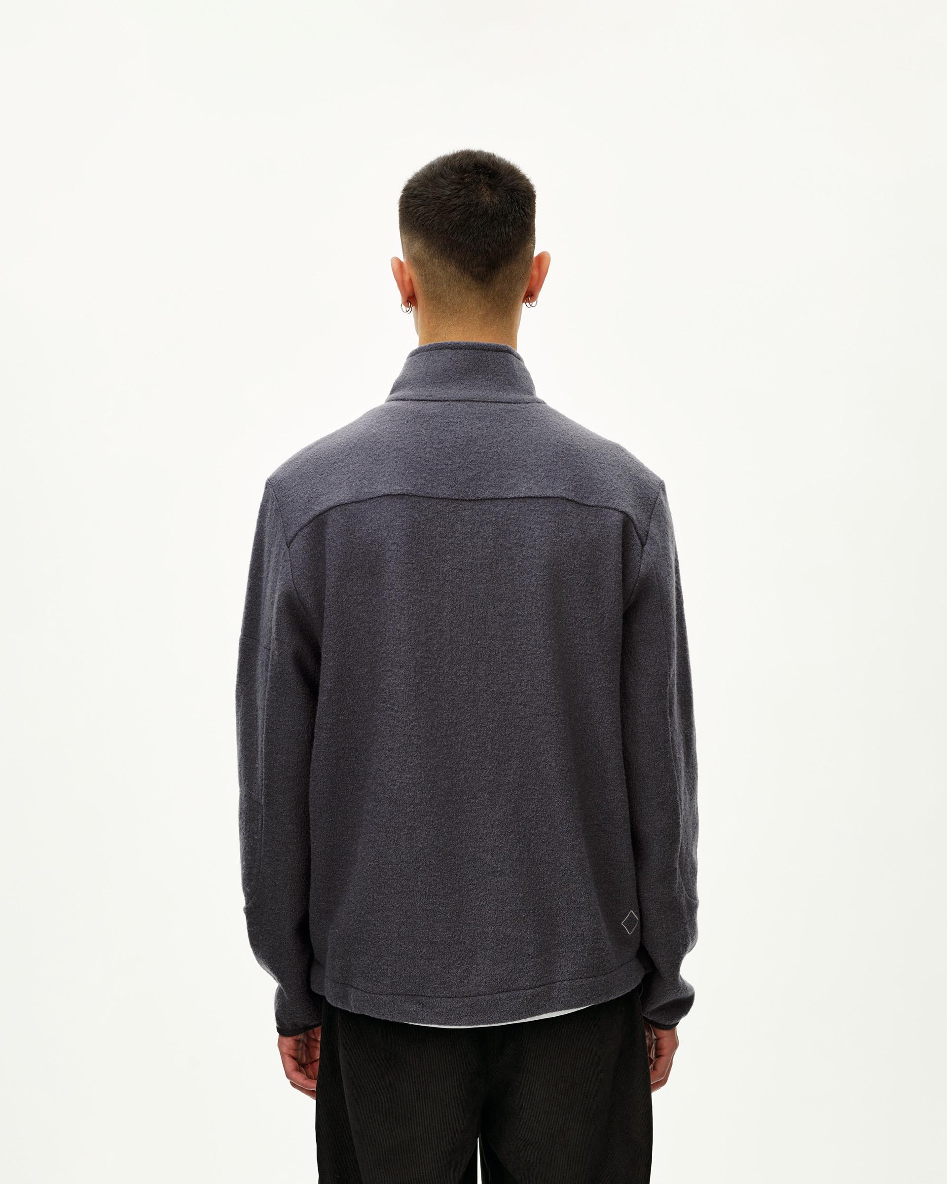 Steel grey Off-Race Boiled Wool Half-Zip outerwear, rear view on model with stand collar