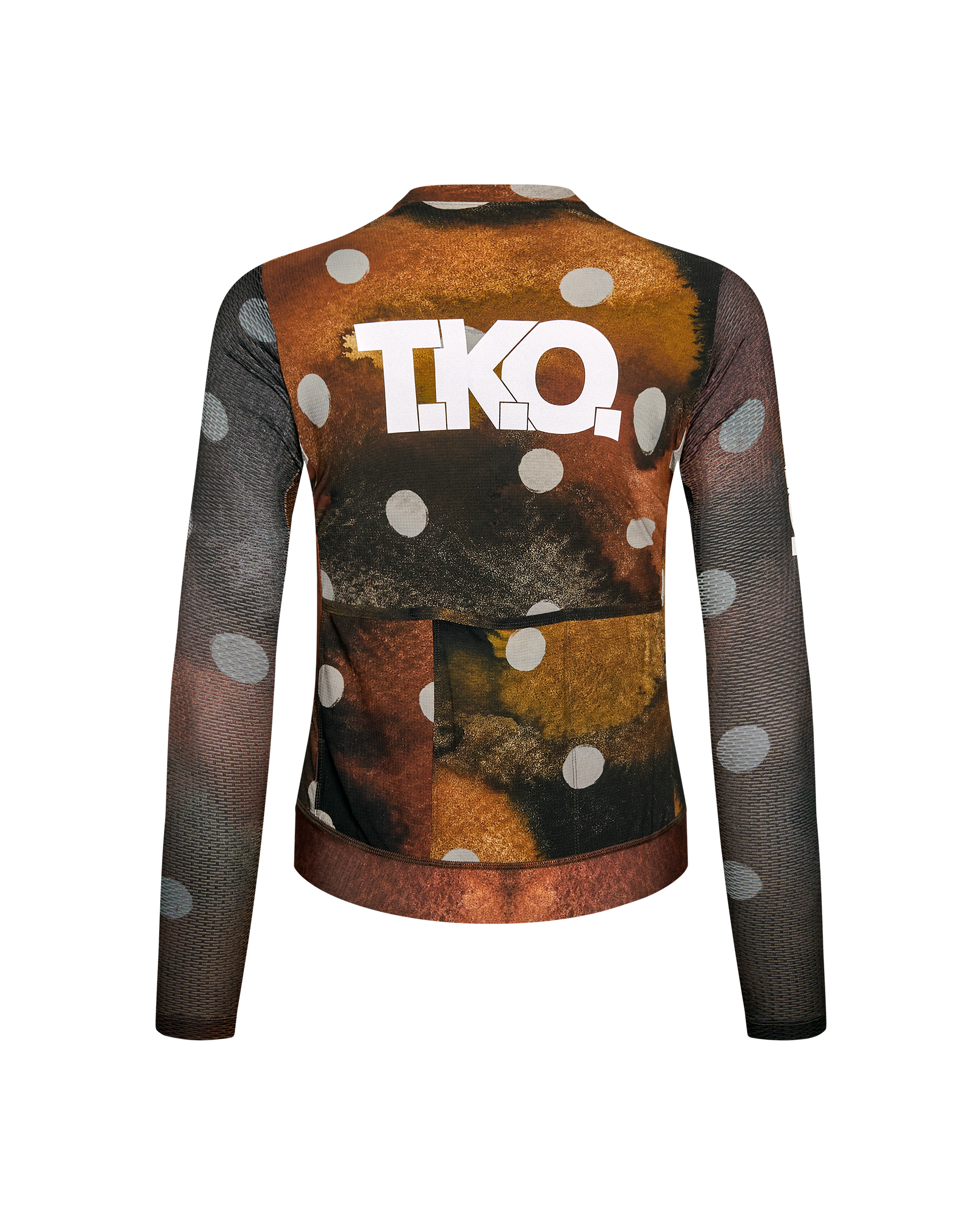 Earth T.K.O. Essential Light long sleeve cycling jersey, rear view with abstract print and white logo