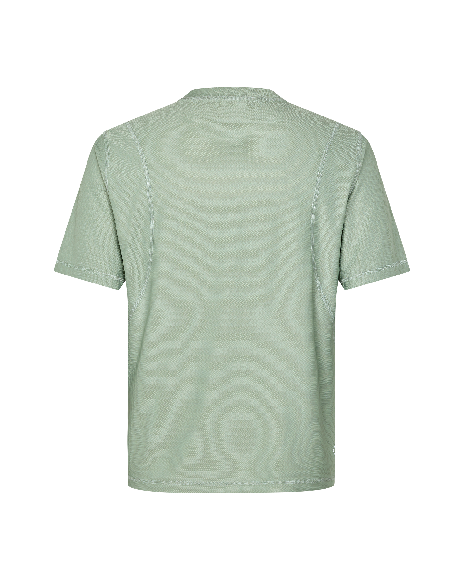 Green Sage Balance T-Shirt, rear flat lay with contrast stitching and panelled construction