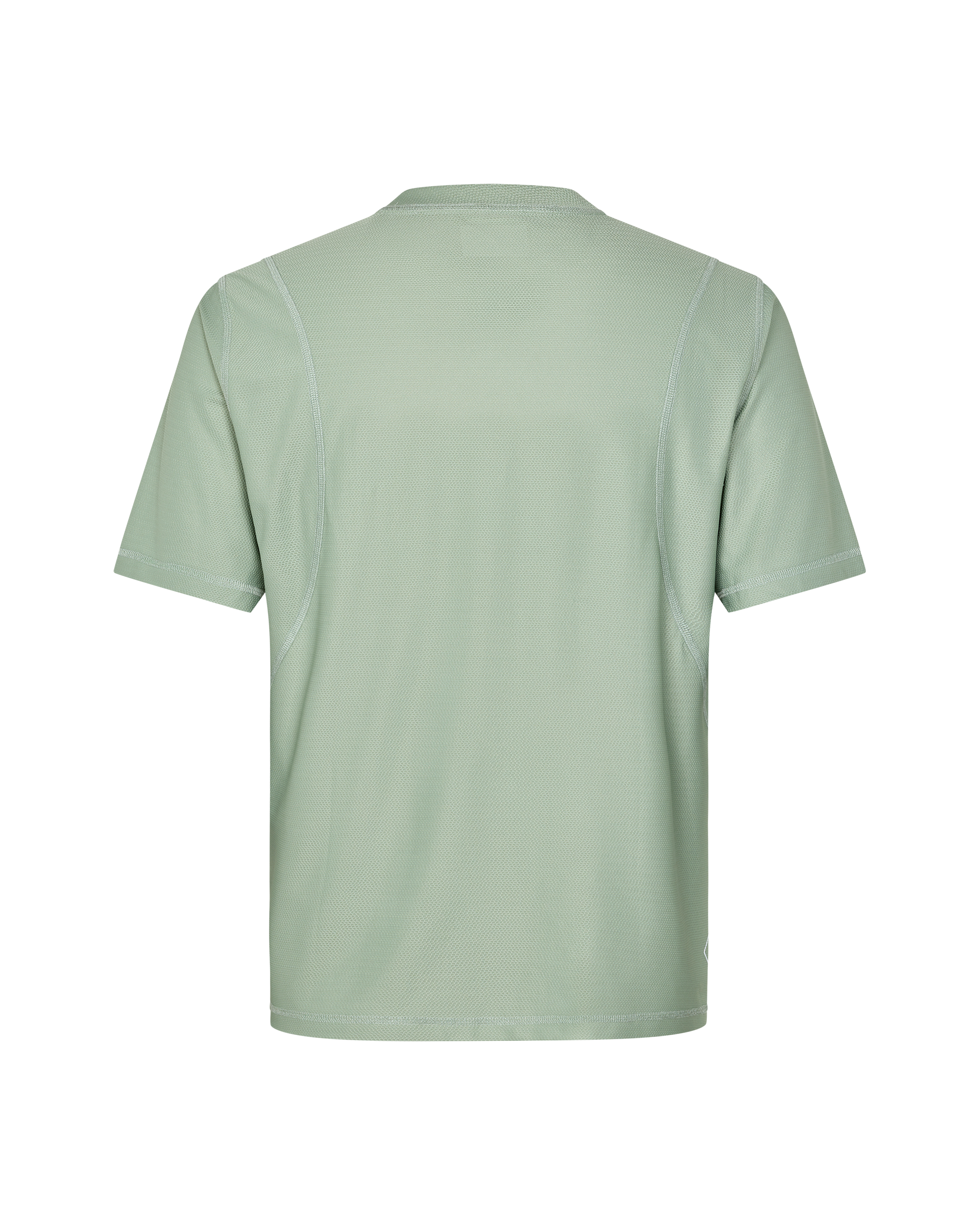 Green Sage Balance T-Shirt, rear flat lay with contrast stitching and panelled construction