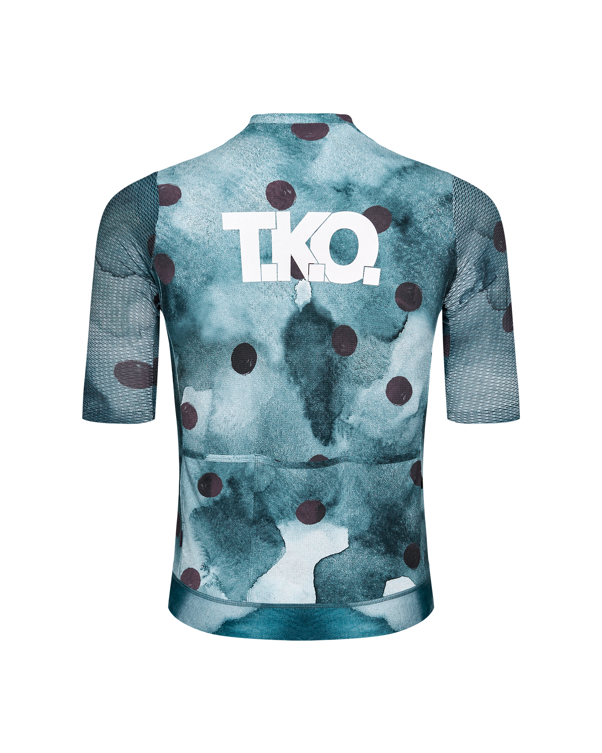 Dark Purple T.K.O. Essential Light cycling jersey, rear view with white logo and polka dot print