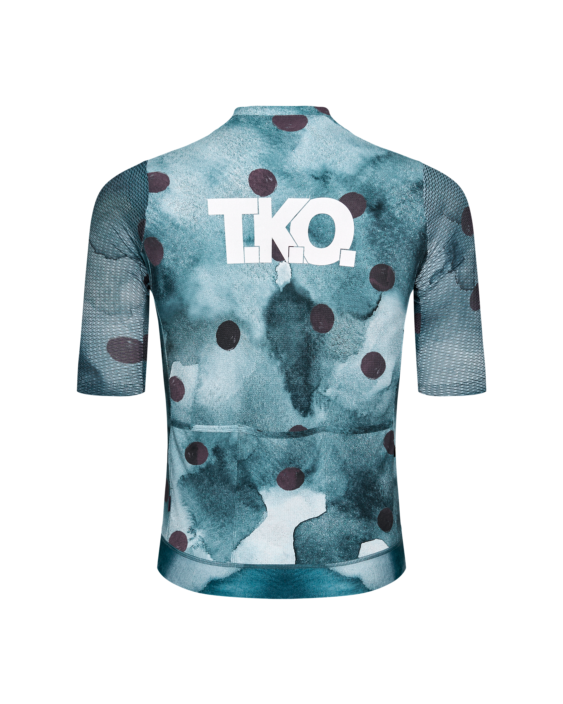 Dark Purple T.K.O. Essential Light cycling jersey, rear view with white logo and polka dot print
