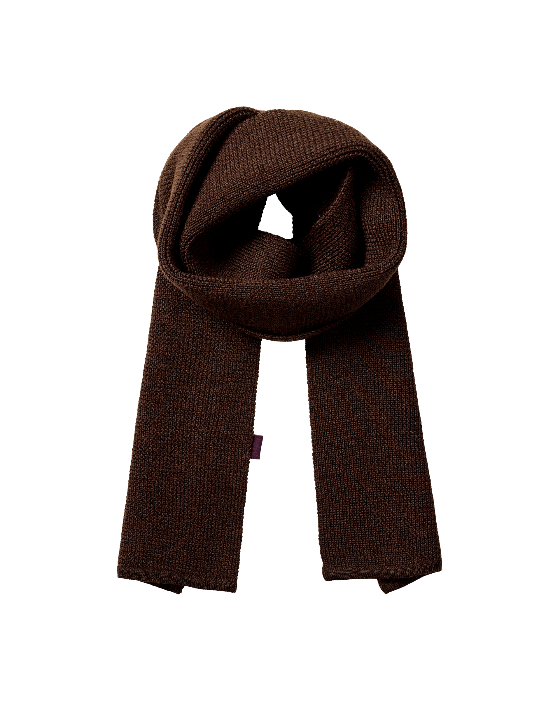 Light Brown Off-Race Wool Knit scarf, flat lay looped with ribbed knit texture and small purple label