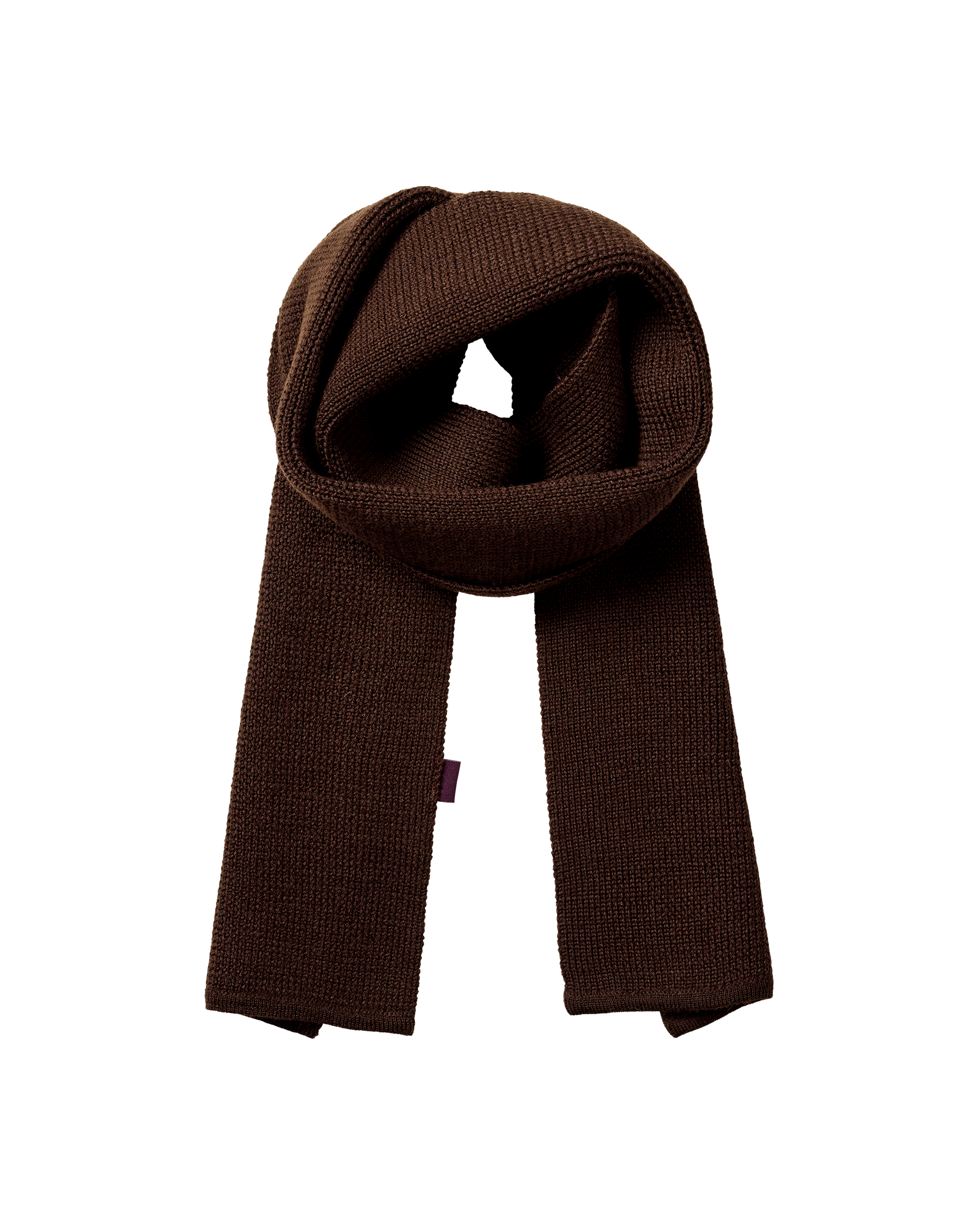 Light Brown Off-Race Wool Knit scarf, flat lay looped with ribbed knit texture and small purple label
