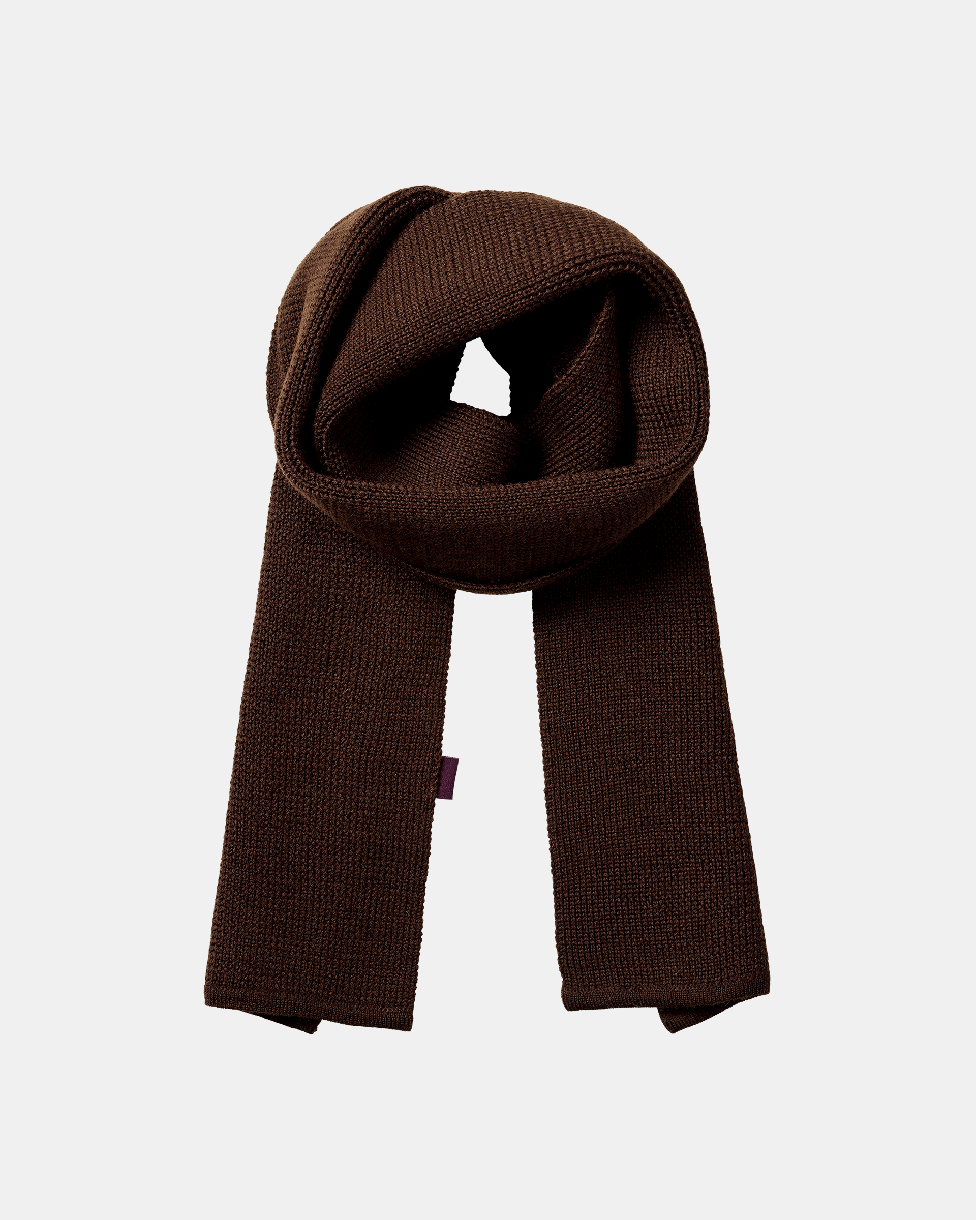 Light Brown Off-Race Wool Knit scarf, flat lay looped with ribbed knit texture and small purple label