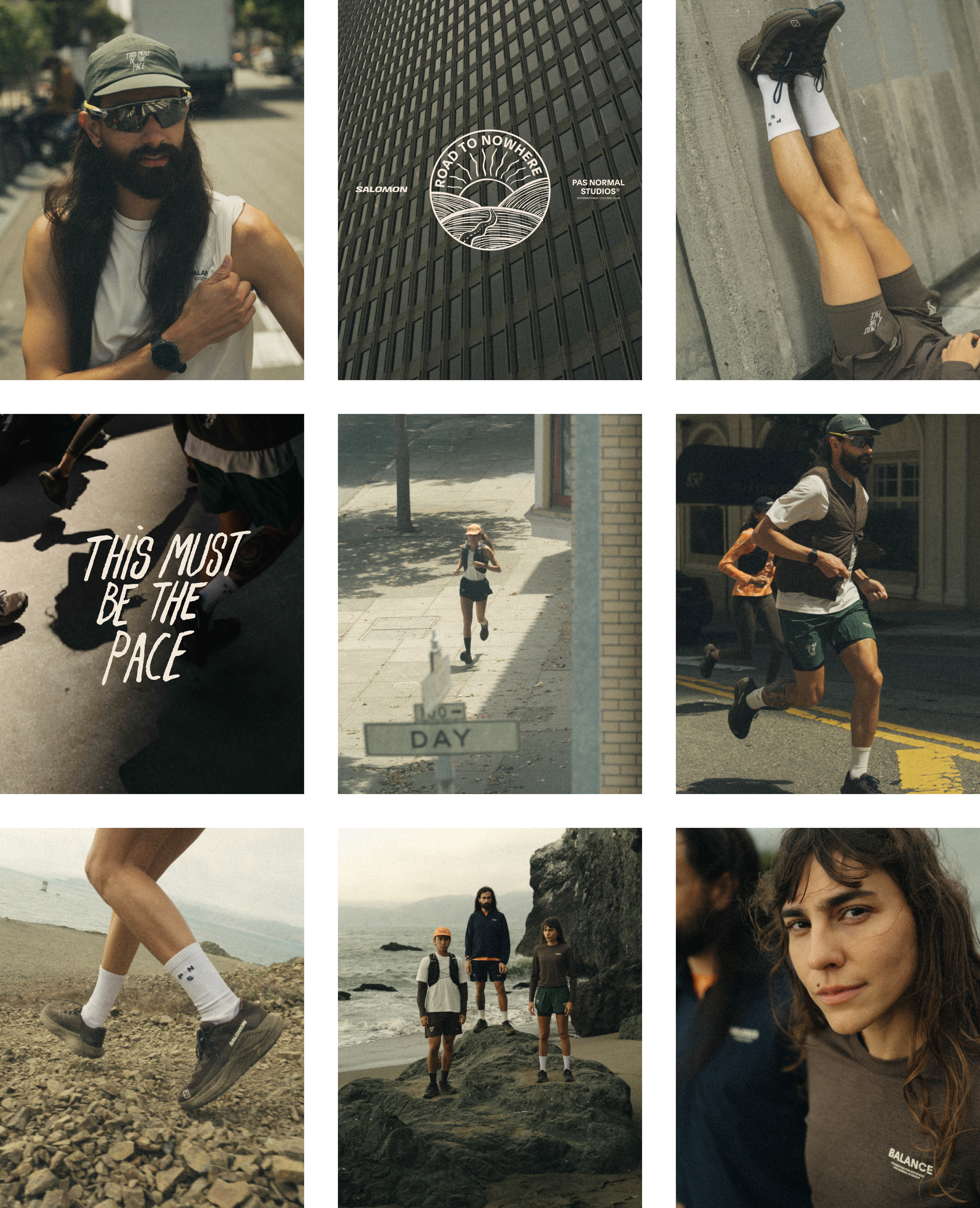 Looking at this grid of 9 images from the Salomon and Balance collaboration story, I can see this is a lifestyle/campaign image showcasing various scenes of people wearing athletic apparel in urban and outdoor settings. Since this appears to be a complete story page layout rather than individual product shots, here's the alt text:

Salomon and Balance collaboration lifestyle images showing models in athletic wear across urban and outdoor settings