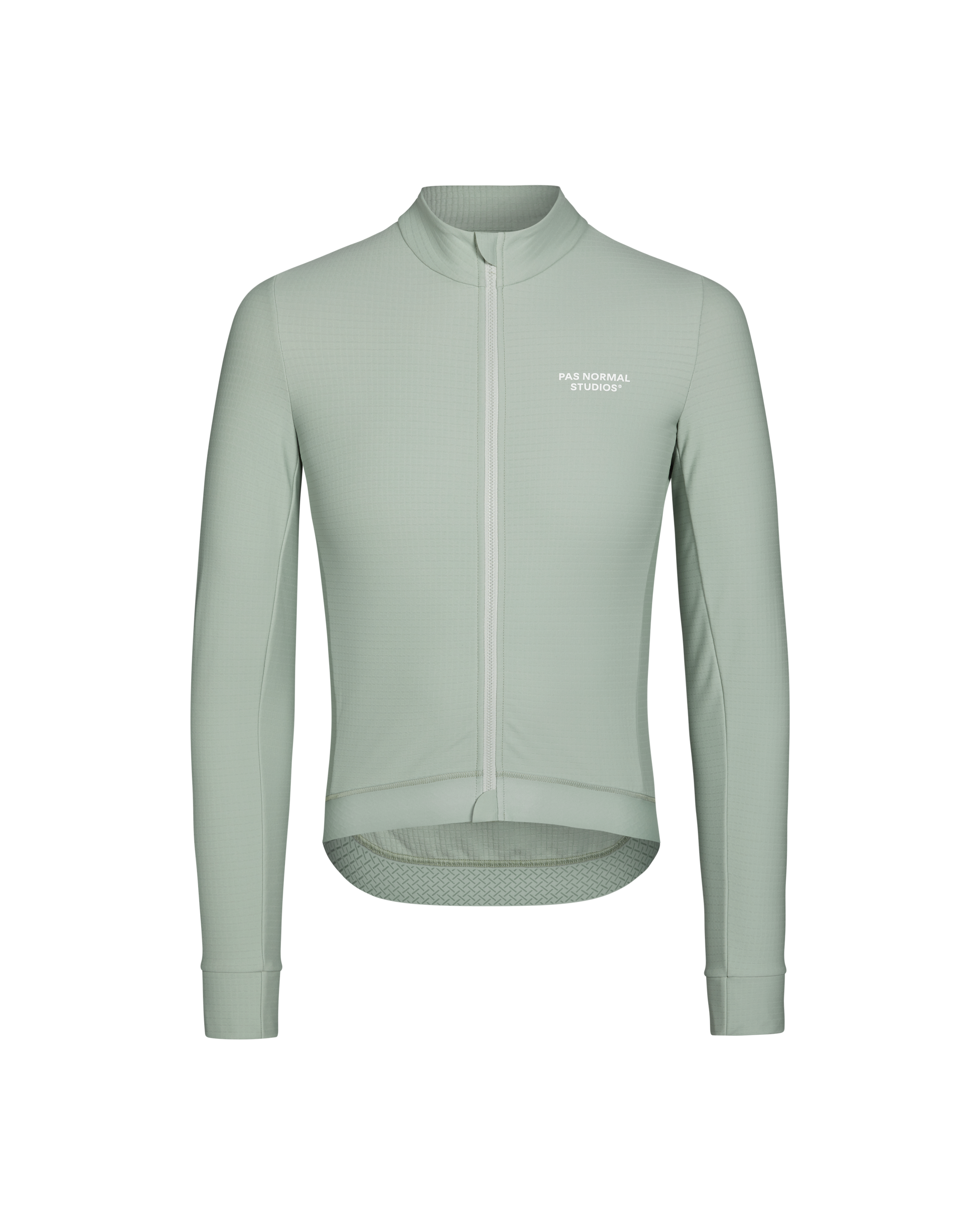 Green Essential long sleeve cycling jersey, front flat lay with white chest logo