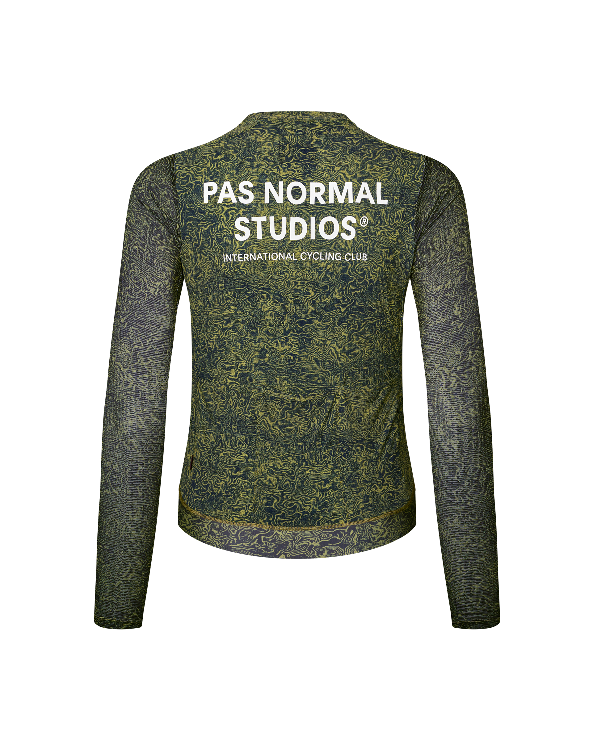 Dark Lime Essential Women's long sleeve cycling jersey, rear flat lay with all-over topographic print and white back logo