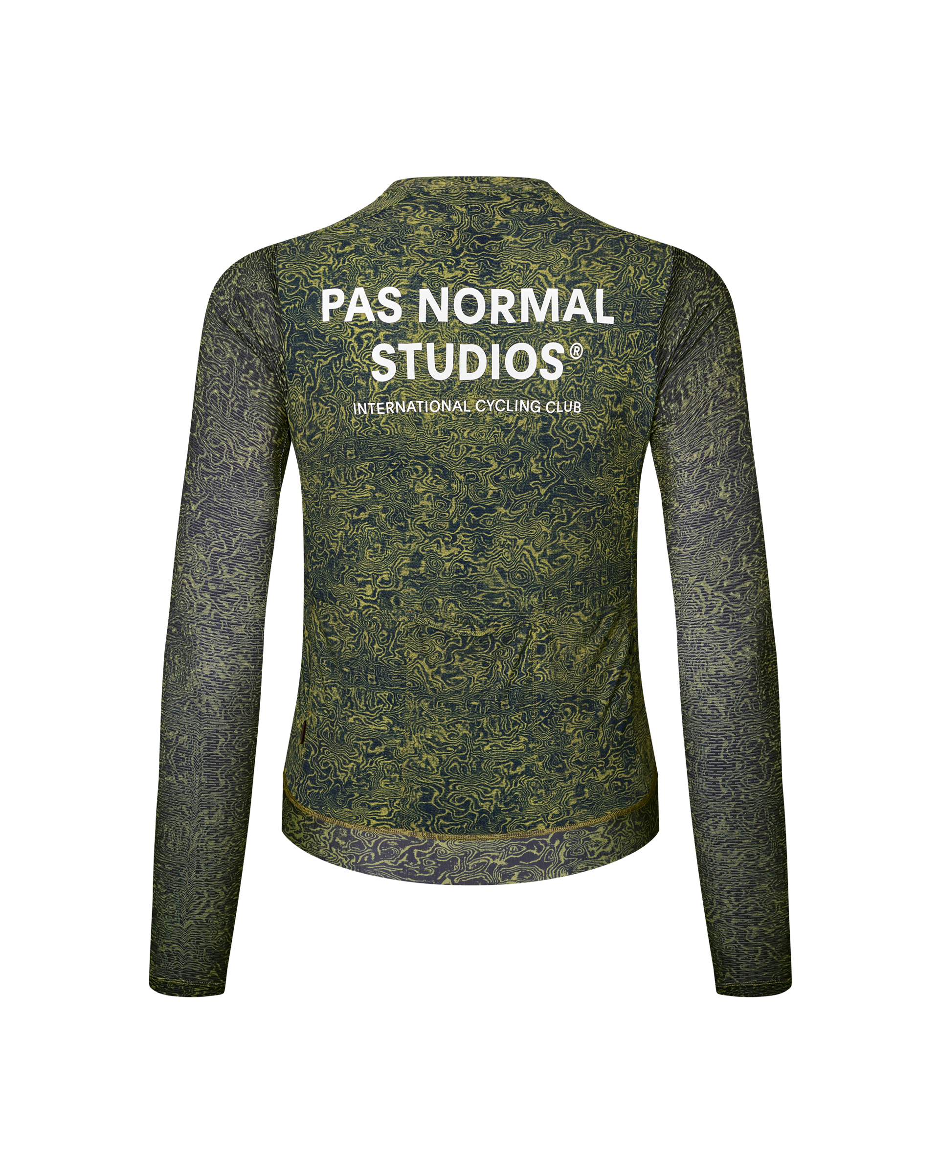 Dark Lime Essential Women's long sleeve cycling jersey, rear flat lay with all-over topographic print and white back logo