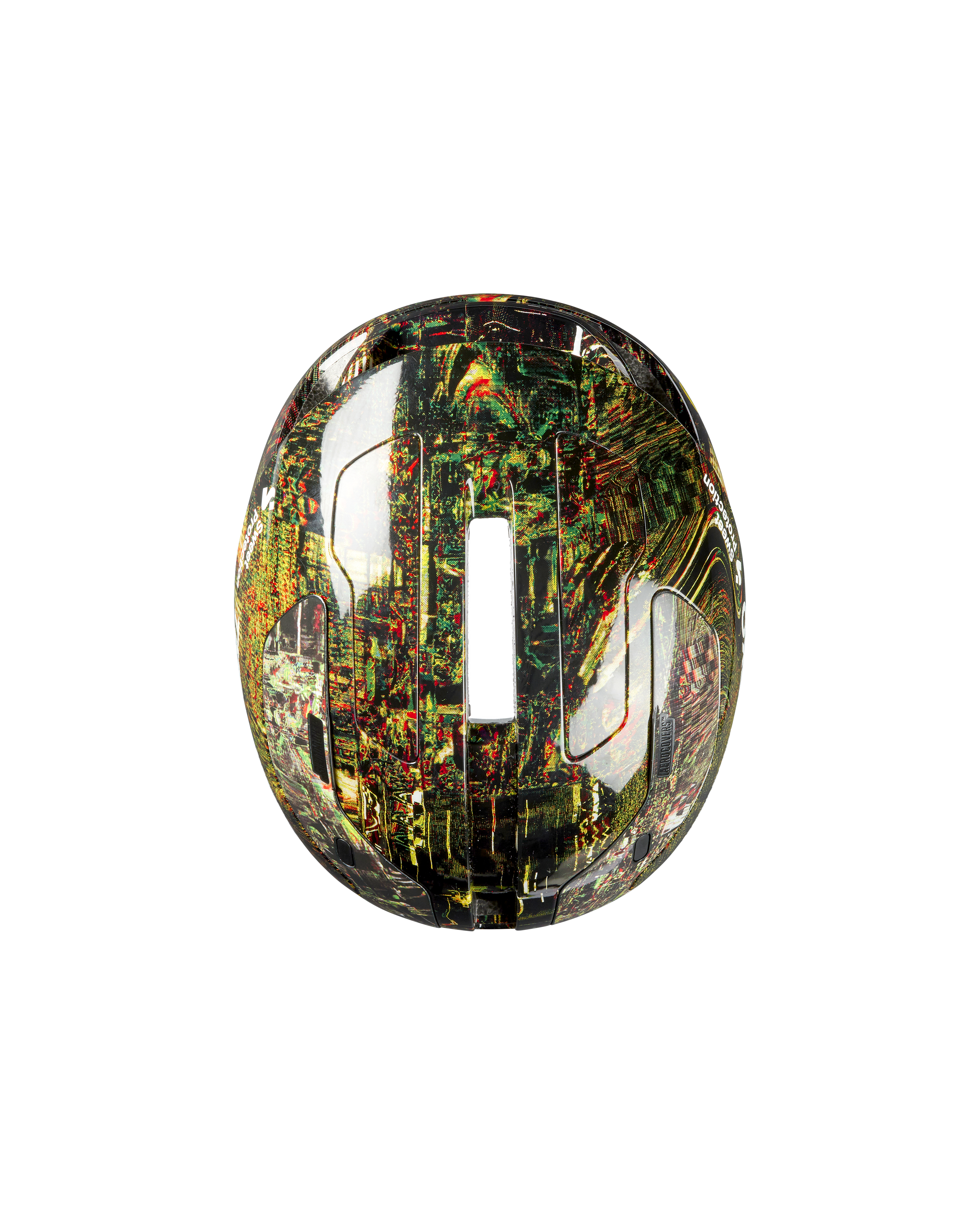 Human Error Green T.K.O. Falconer Aero 2Vi MIPS cycling helmet, top-down view with multicolor graphic print shell