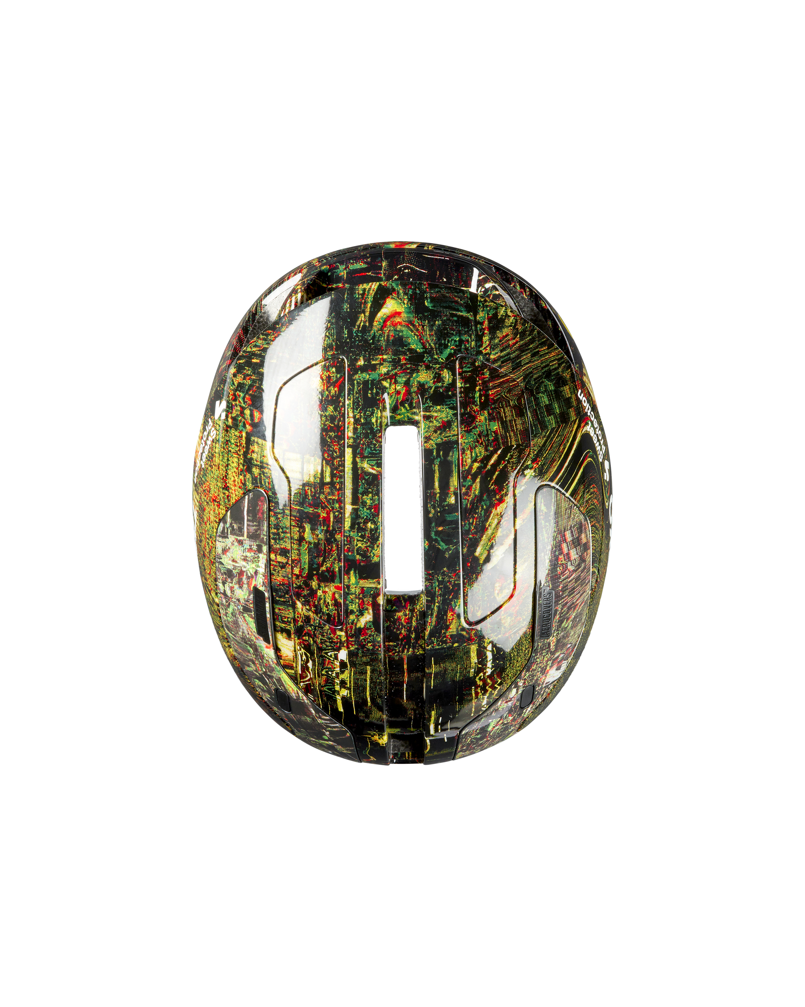 Human Error Green T.K.O. Falconer Aero 2Vi MIPS cycling helmet, top-down view with multicolor graphic print shell