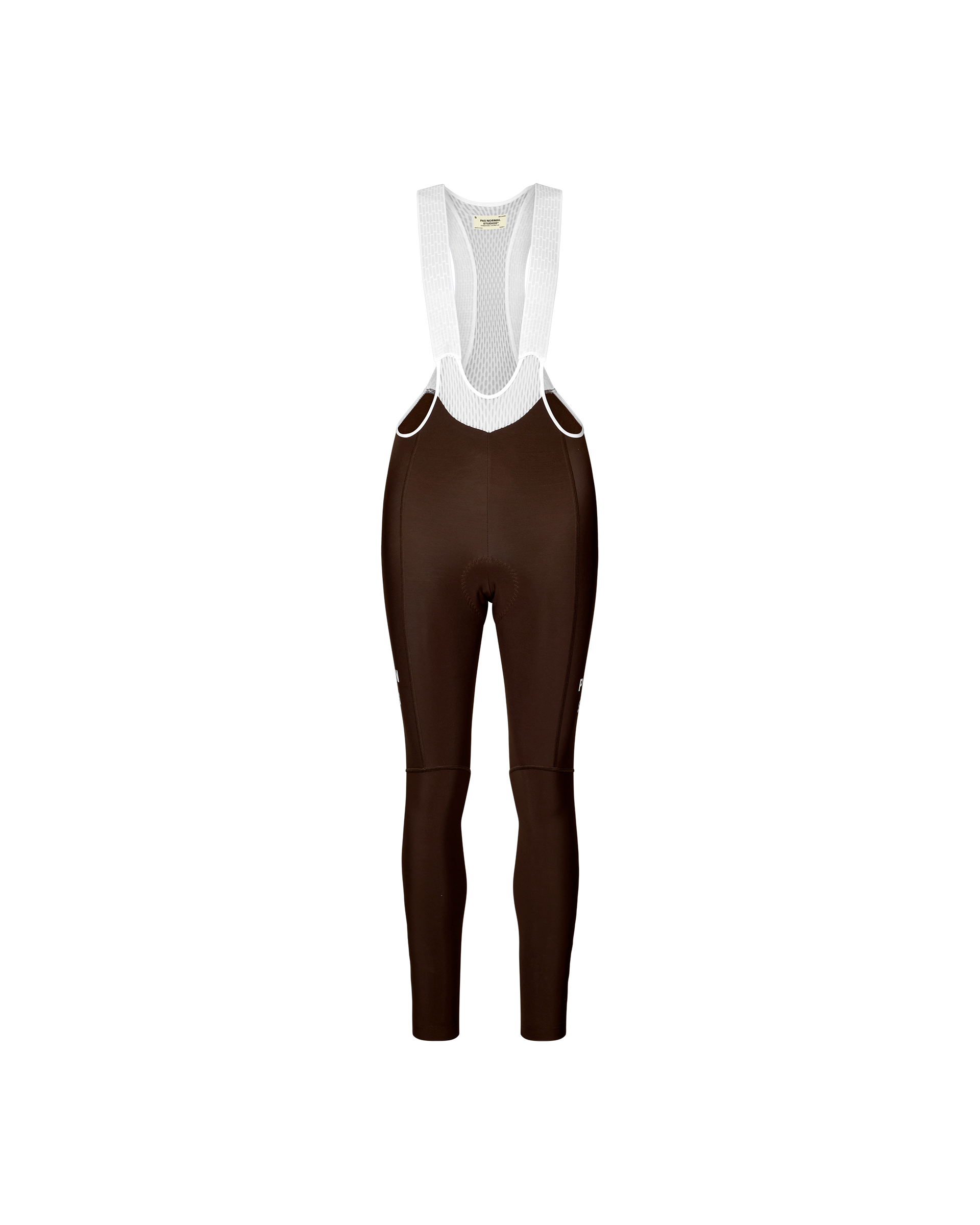 Dark Coffee Mechanism women's thermal cycling bib tights, front flat lay with white mesh bib straps
