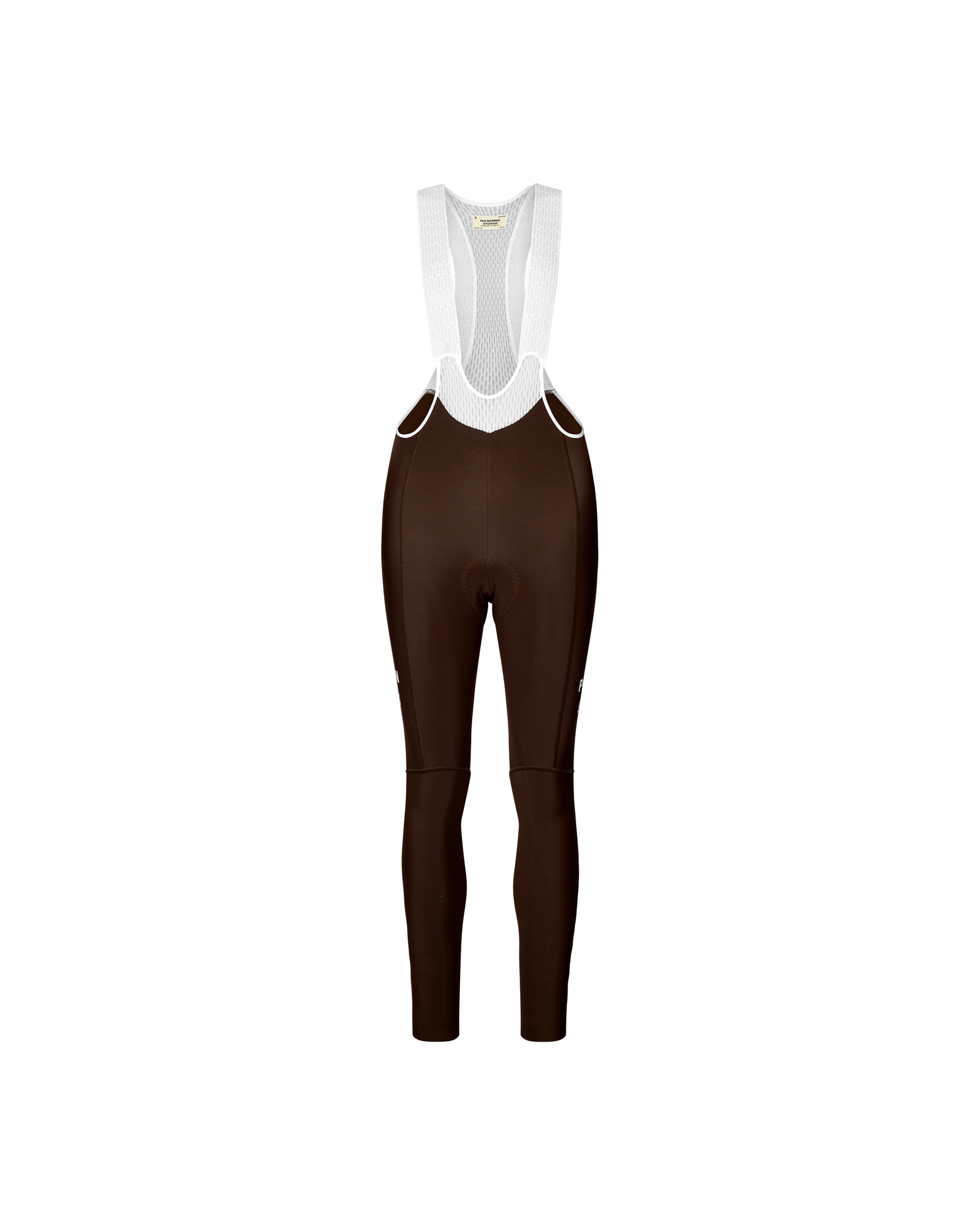 Dark Coffee Mechanism women's thermal cycling bib tights, front flat lay with white mesh bib straps