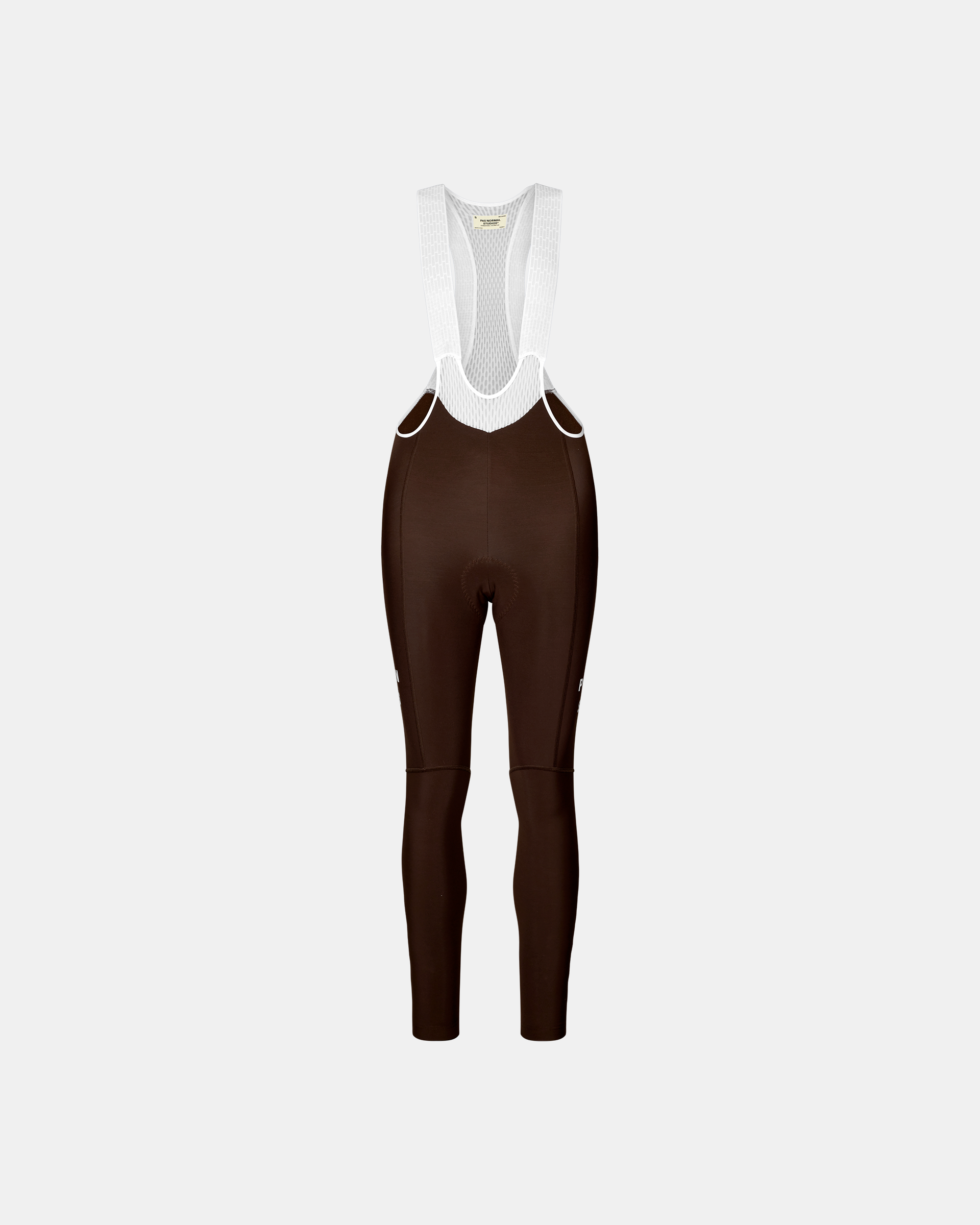 Dark Coffee Mechanism women's thermal cycling bib tights, front flat lay with white mesh bib straps