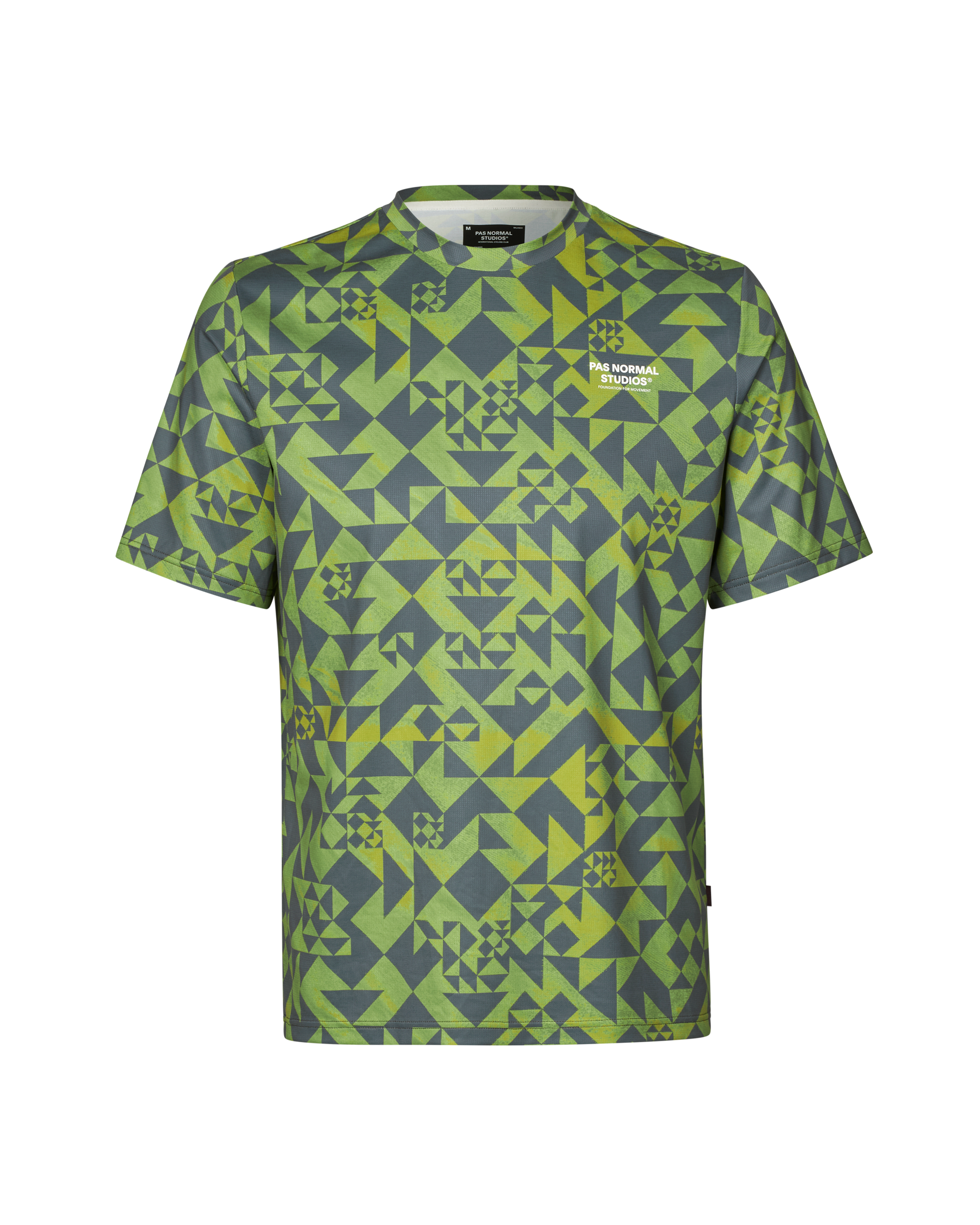 Green Balance t-shirt, front view with geometric origami print