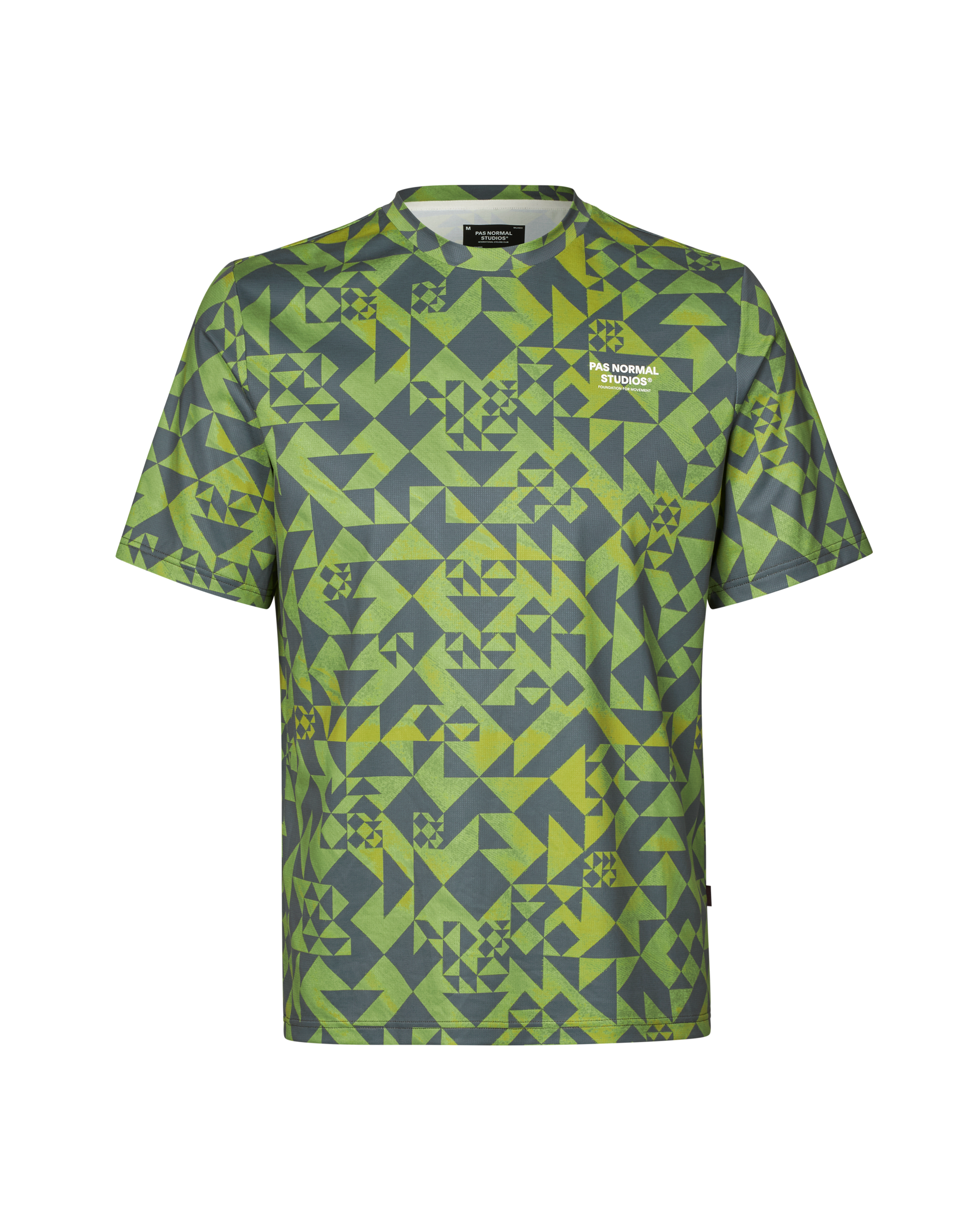 Green Balance t-shirt, front view with geometric origami print
