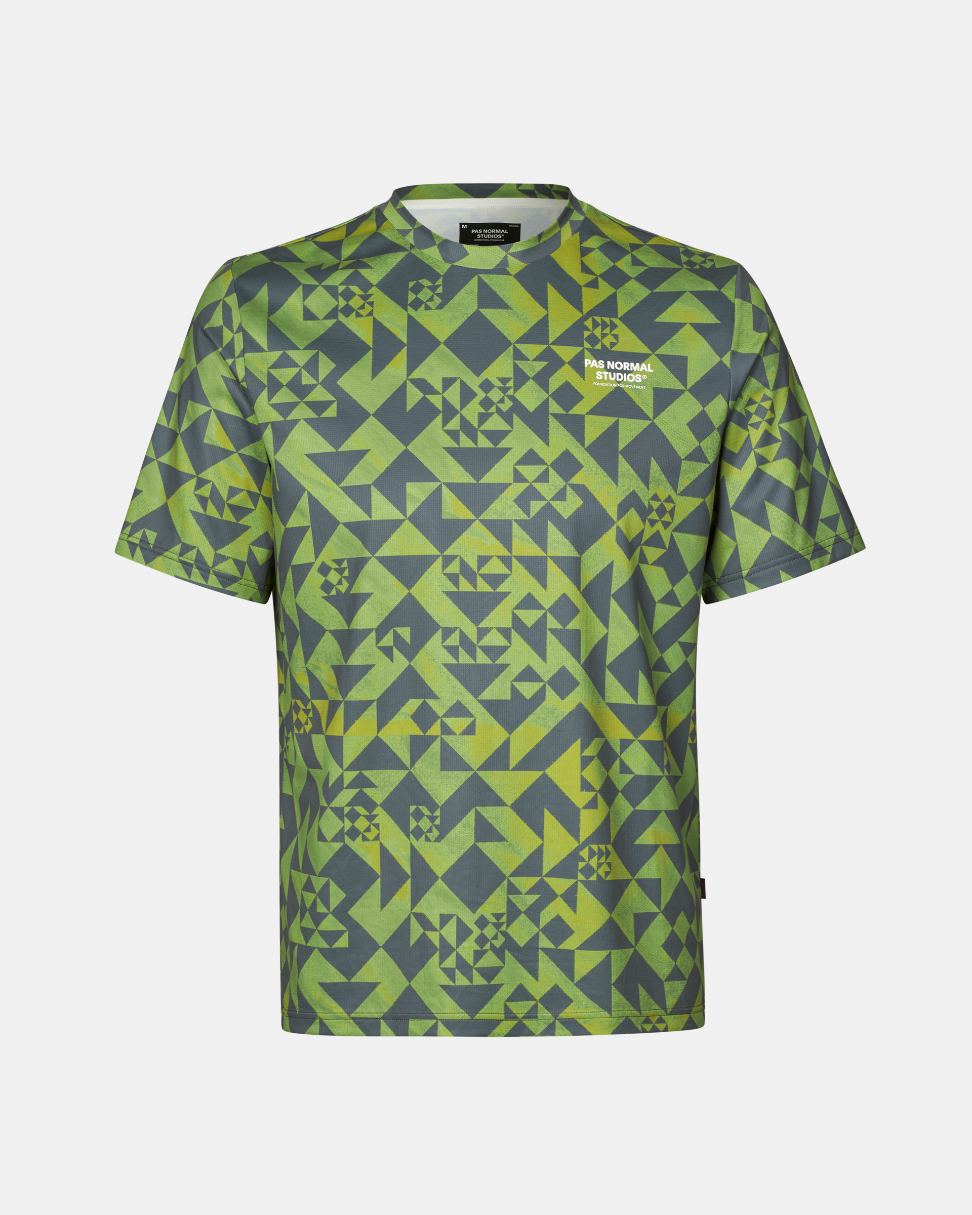 Green Balance t-shirt, front view with geometric origami print