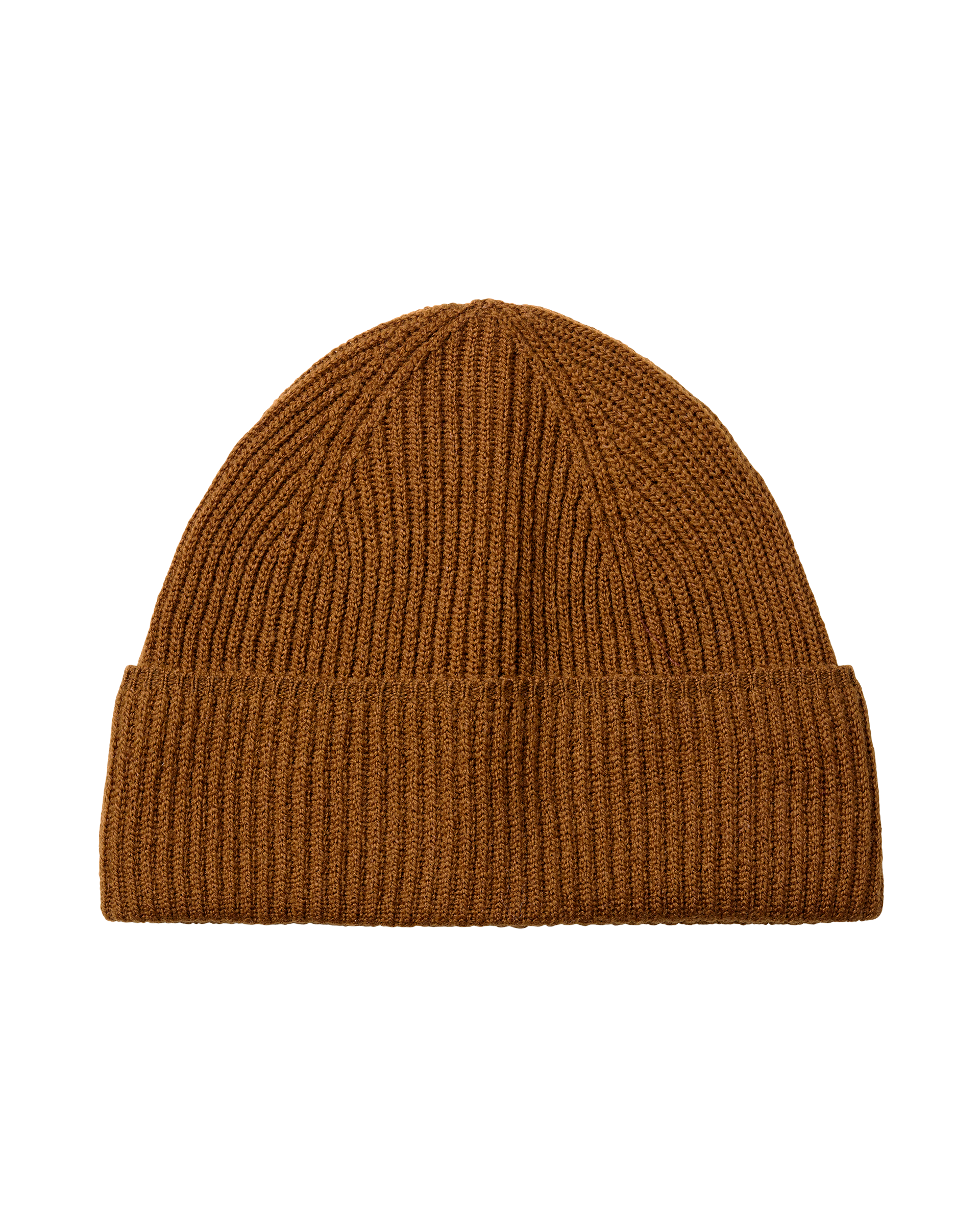 Wood brown Off-Race Merino Knit beanie, front flat lay with ribbed cuff