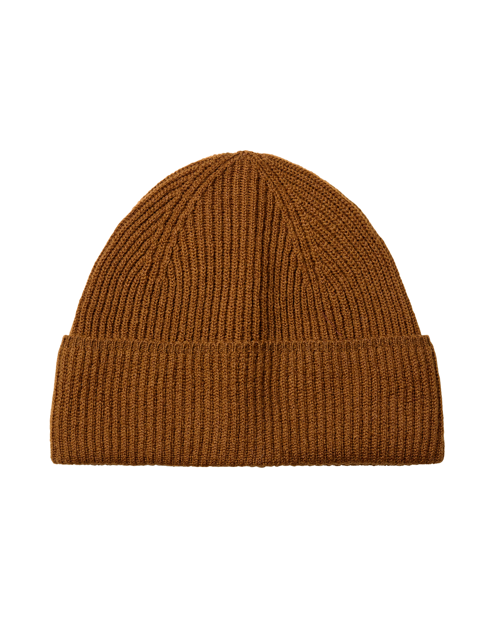 Wood brown Off-Race Merino Knit beanie, front flat lay with ribbed cuff
