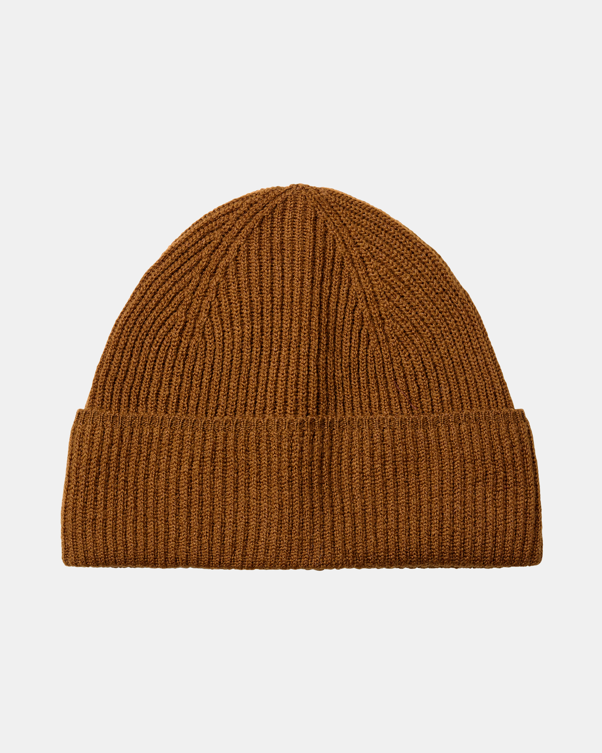 Wood brown Off-Race Merino Knit beanie, front flat lay with ribbed cuff