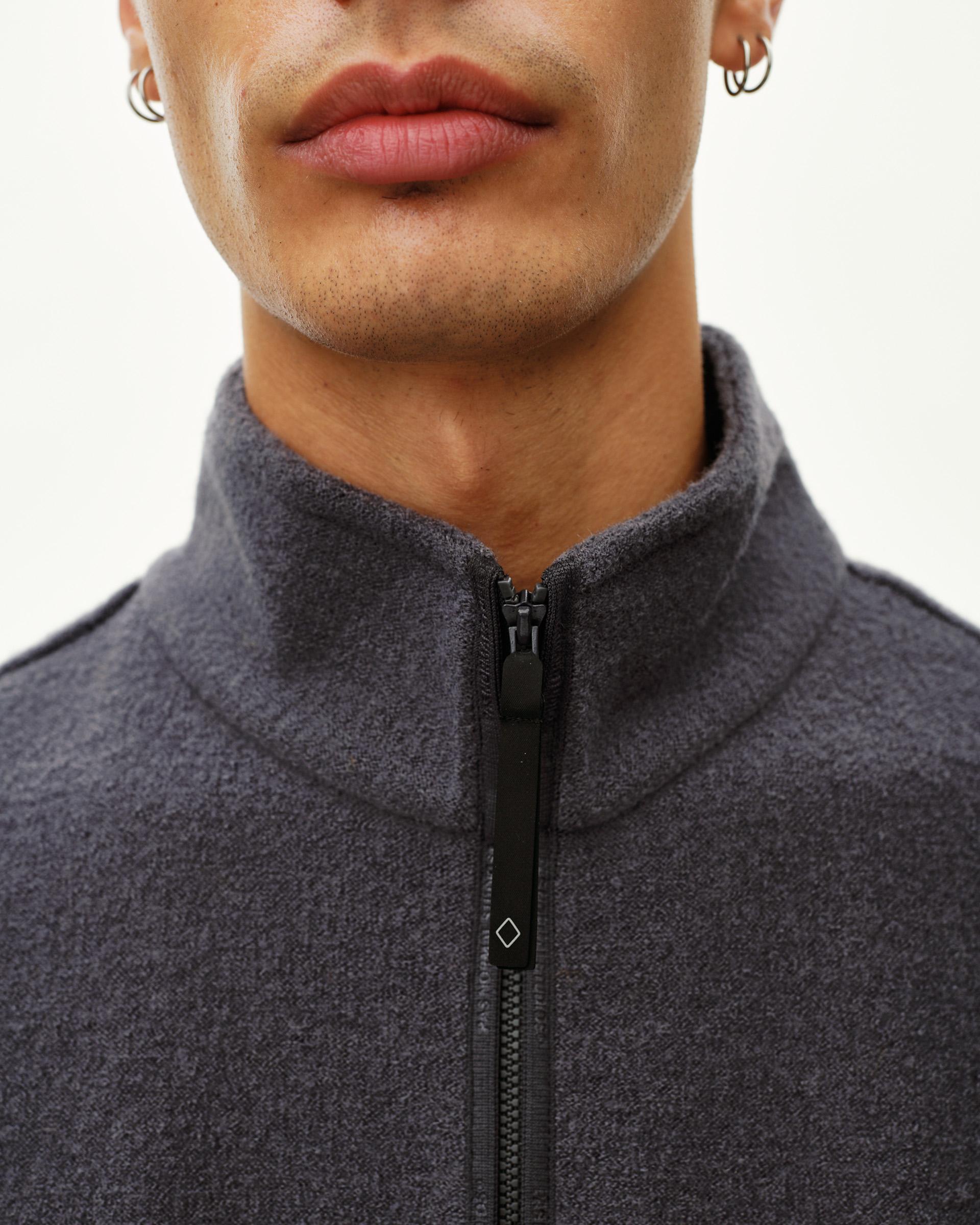 Steel grey Off-Race Boiled Wool Half-Zip outerwear, front collar detail on model with black zip pull