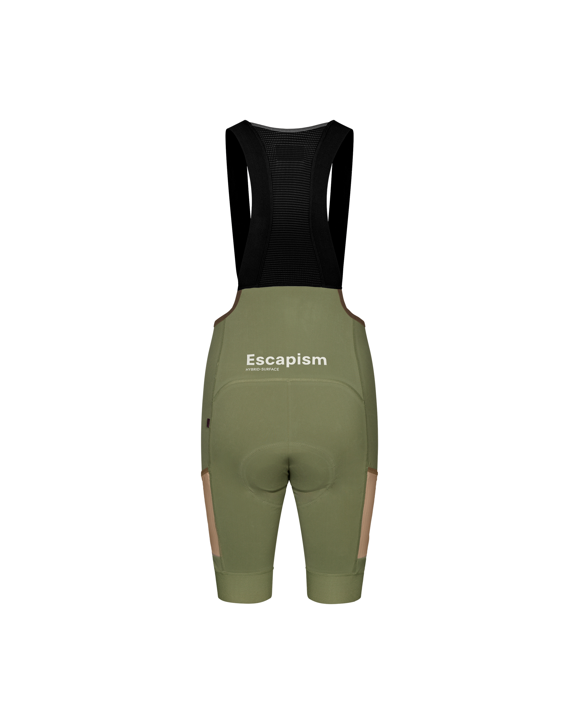 Light Olive Escapism Cargo cycling bibs, rear flat lay with white chest logo and black mesh upper panel