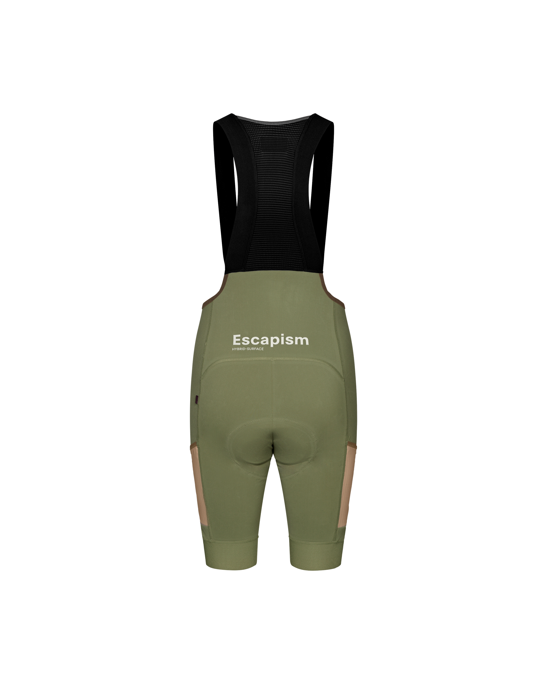 Light Olive Escapism Cargo cycling bibs, rear flat lay with white chest logo and black mesh upper panel