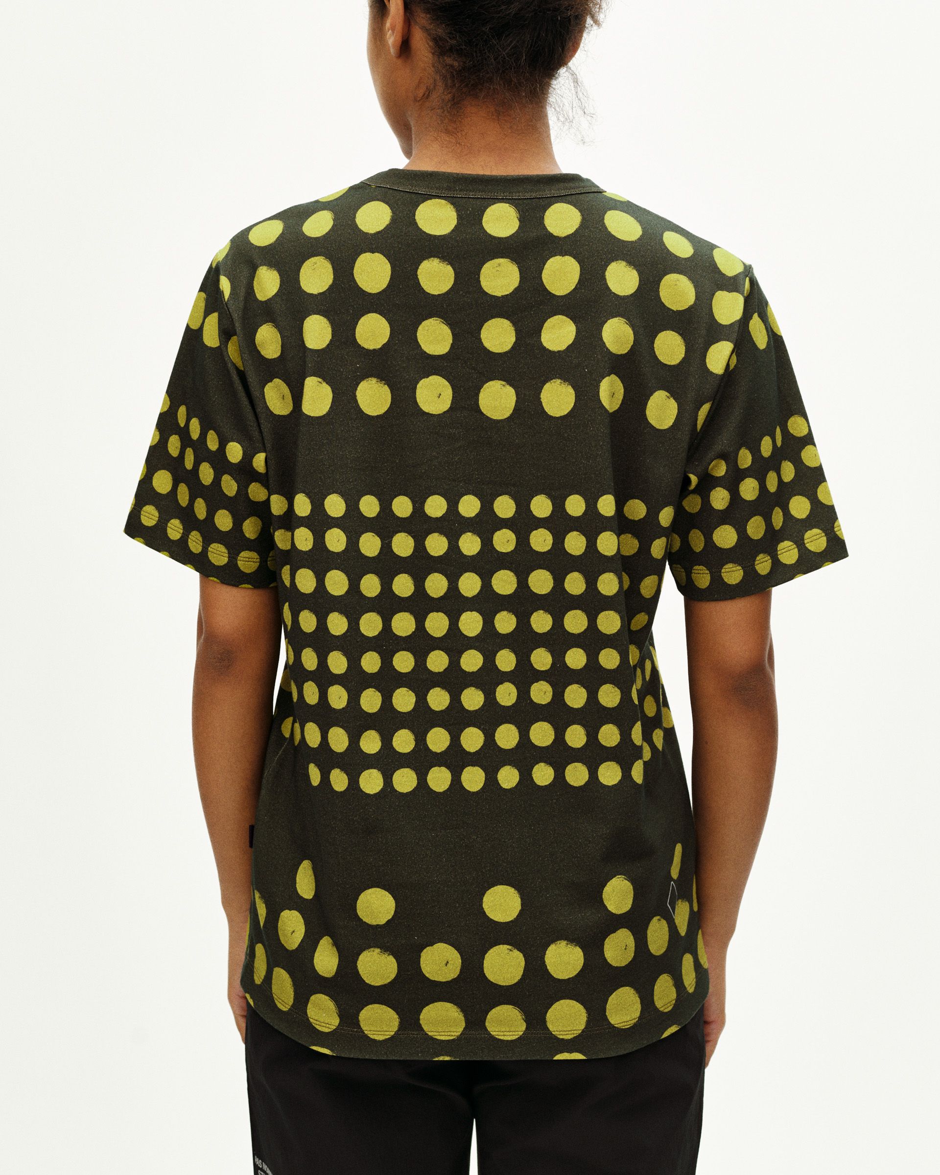 Brown Off-Race Graphic t-shirt, rear view on model with yellow polka dot print