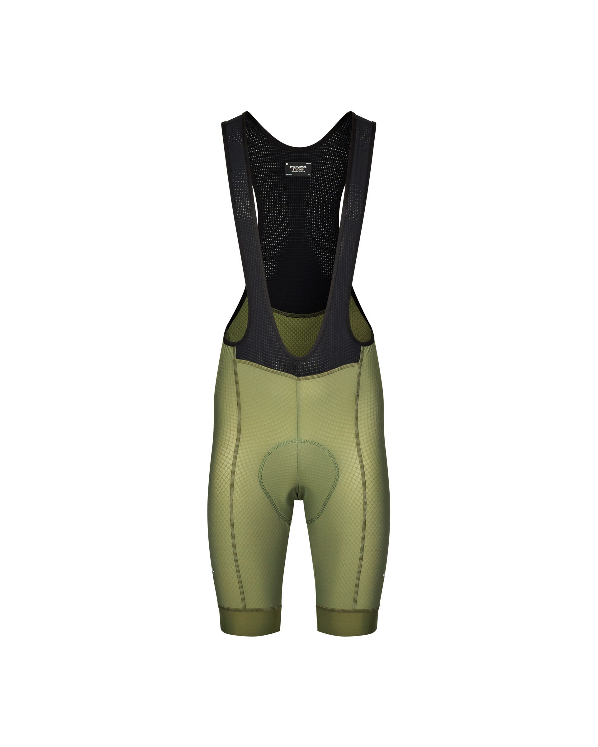 Light Olive Essential cycling bibs, front flat lay with black mesh bib and textured panels
