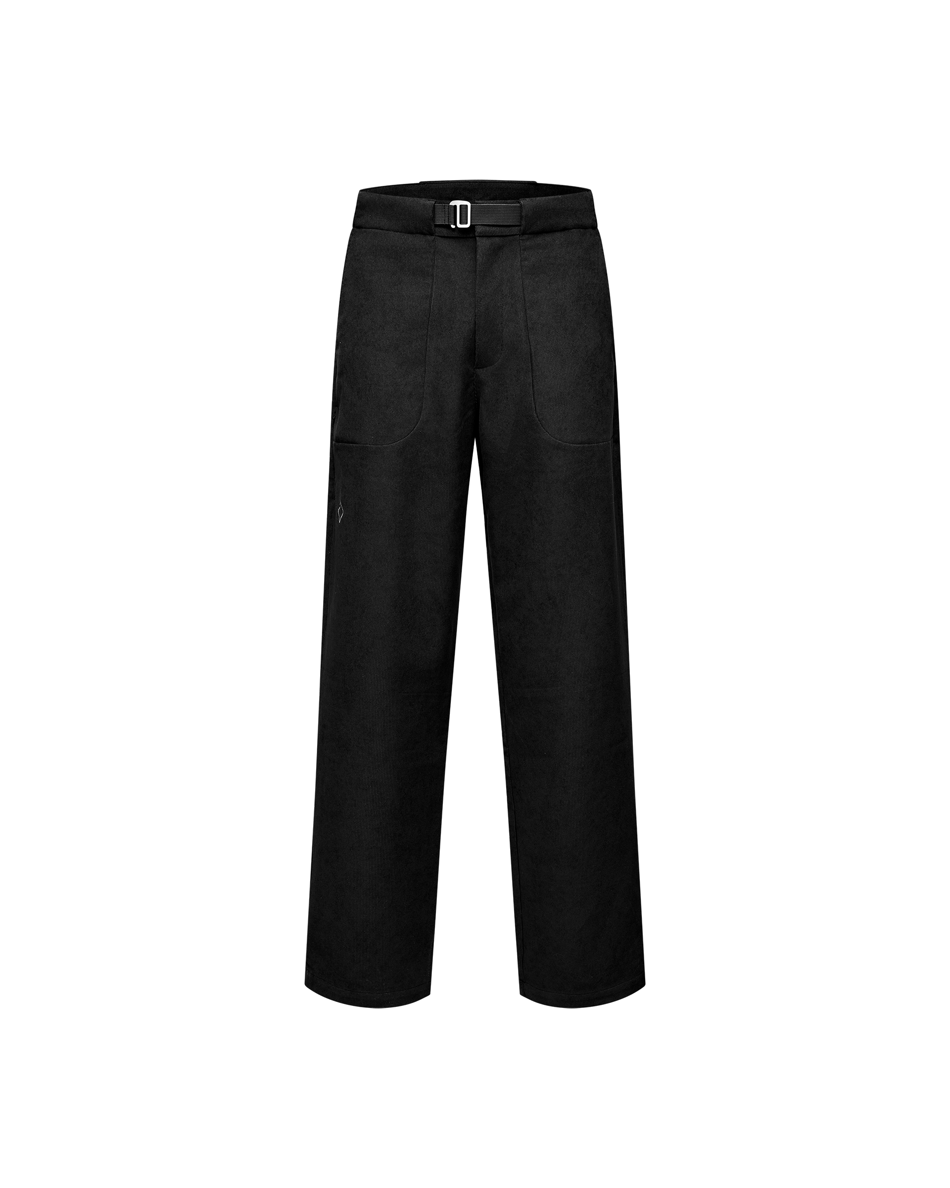 Black Off-Race Corduroy pants, front flat lay with integrated belt buckle and wide-leg fit