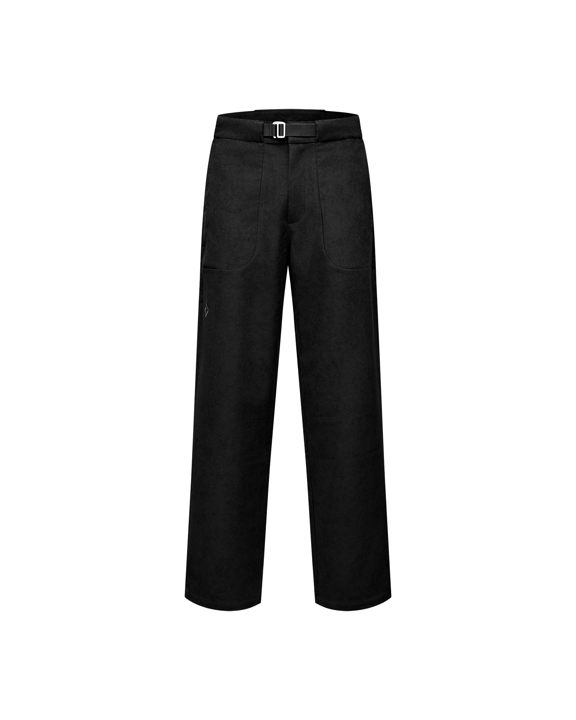 Black Off-Race Corduroy pants, front flat lay with integrated belt buckle and wide-leg fit
