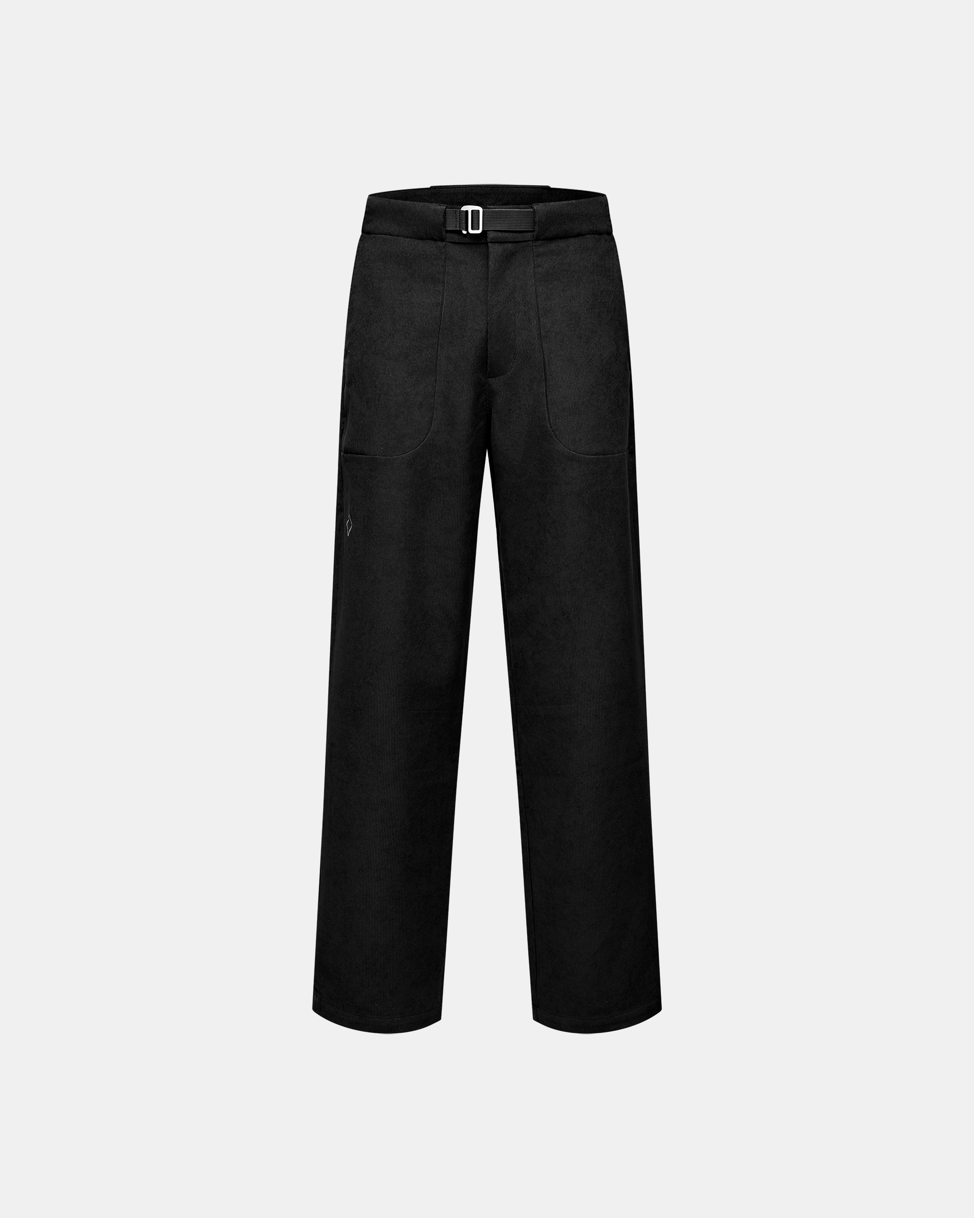 Black Off-Race Corduroy pants, front flat lay with integrated belt buckle and wide-leg fit
