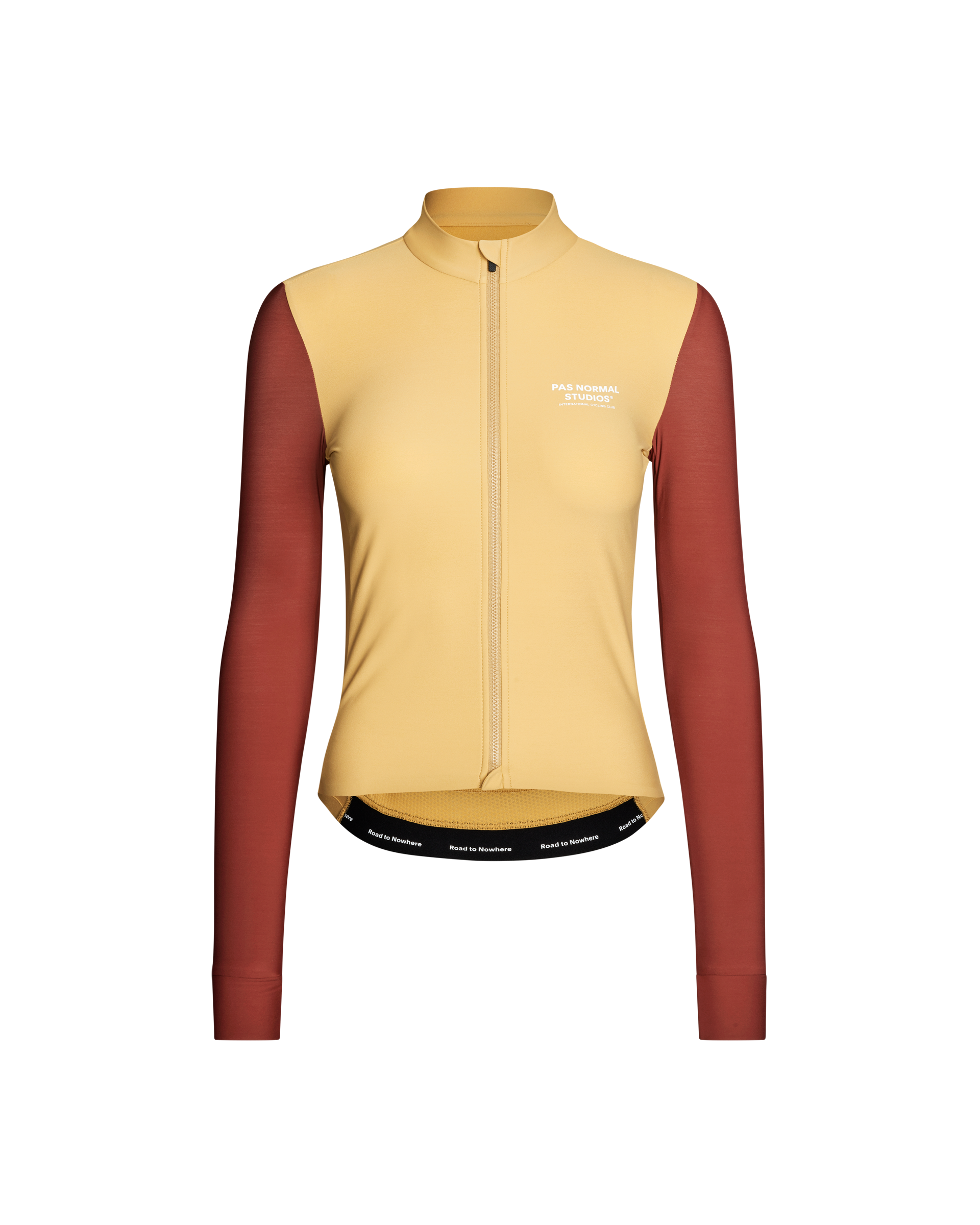 Yellow Mechanism long sleeve cycling jersey, front view with maroon sleeves