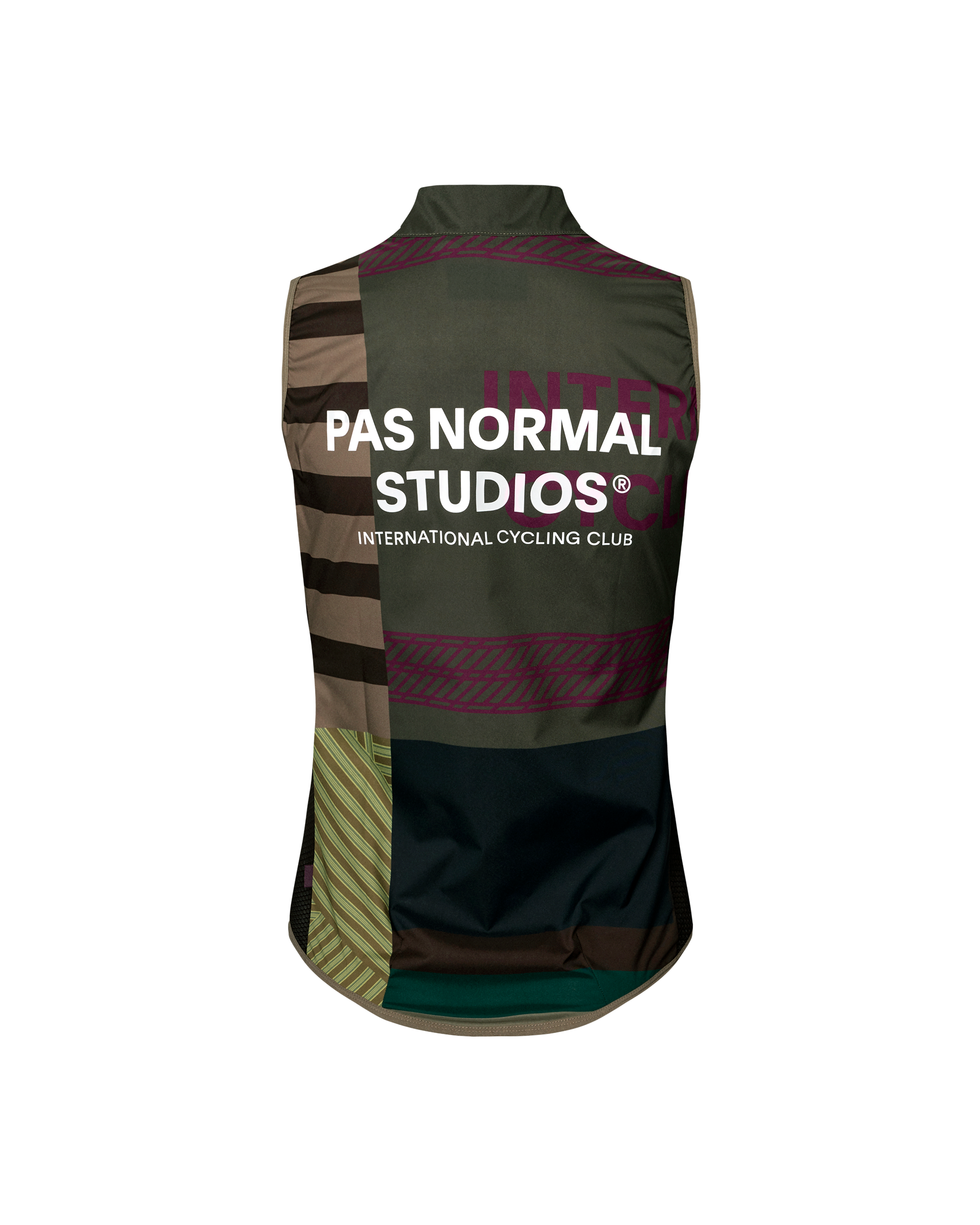 International Earth Mechanism Stow Away women's cycling gilet, rear flat lay with patchwork graphic print