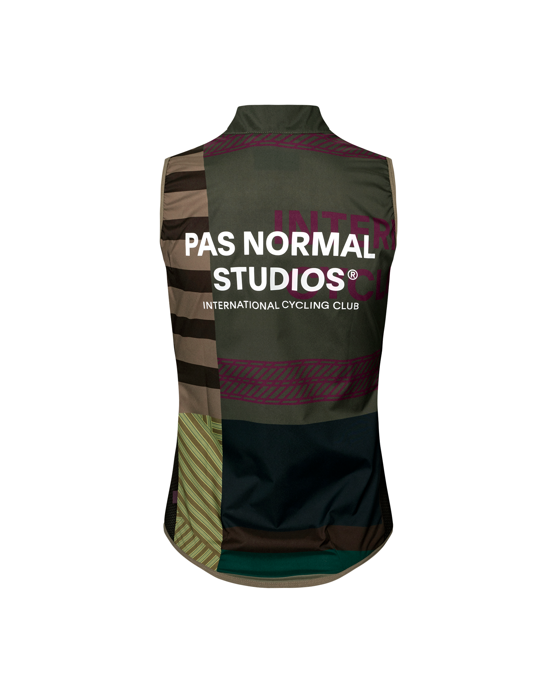 International Earth Mechanism Stow Away women's cycling gilet, rear flat lay with patchwork graphic print