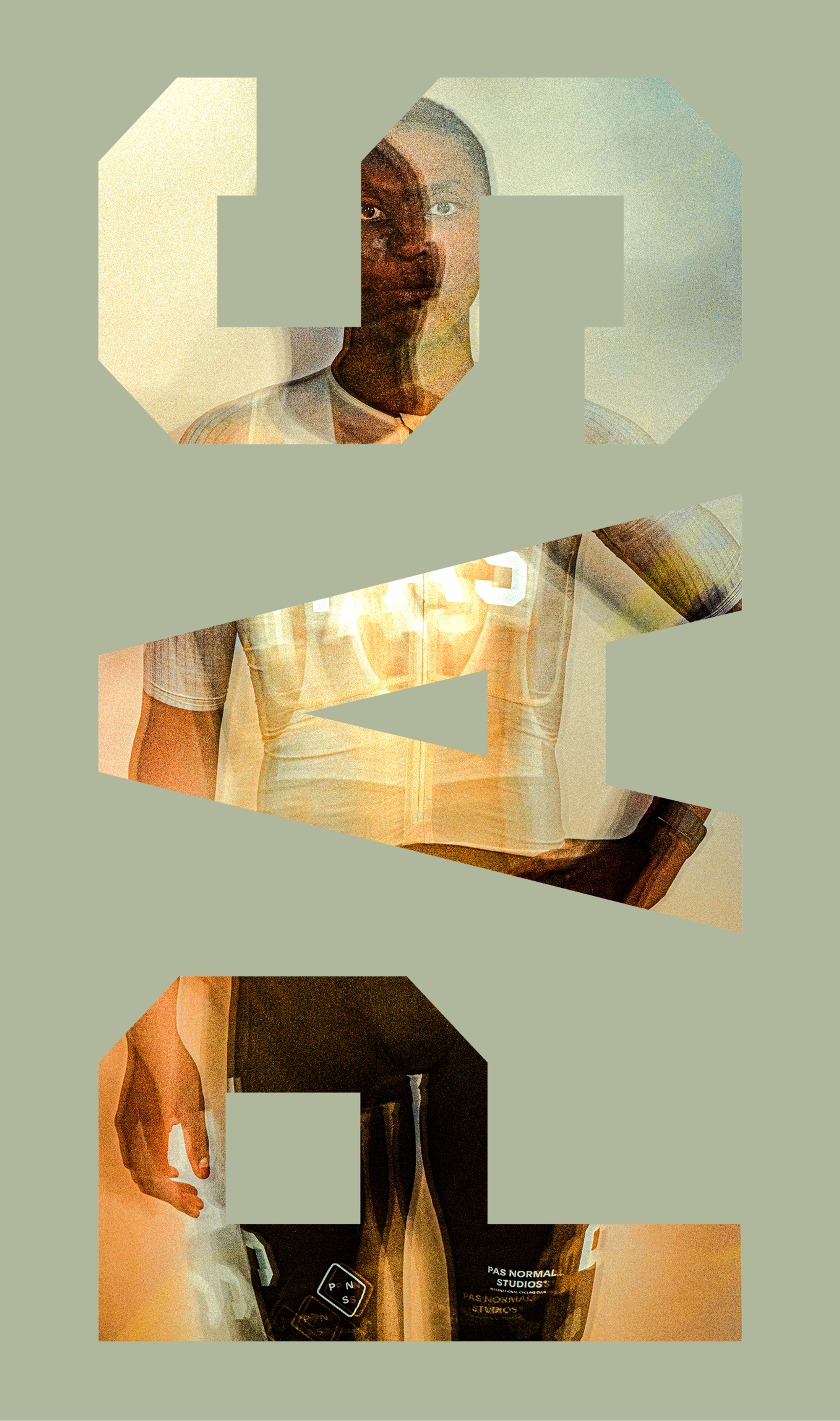 Artistic typography design featuring cycling apparel and model imagery in warm earth tones