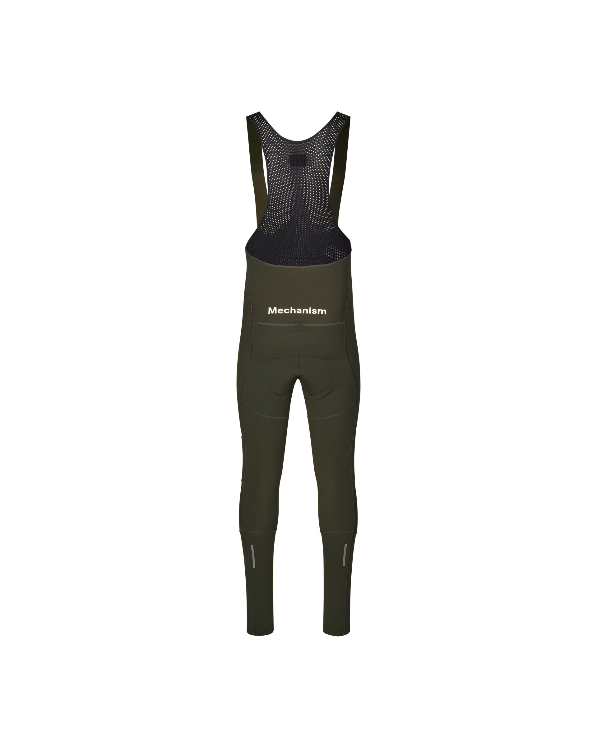 Dark Olive Mechanism Deep Winter Long cycling bibs, front flat lay with mesh bib straps