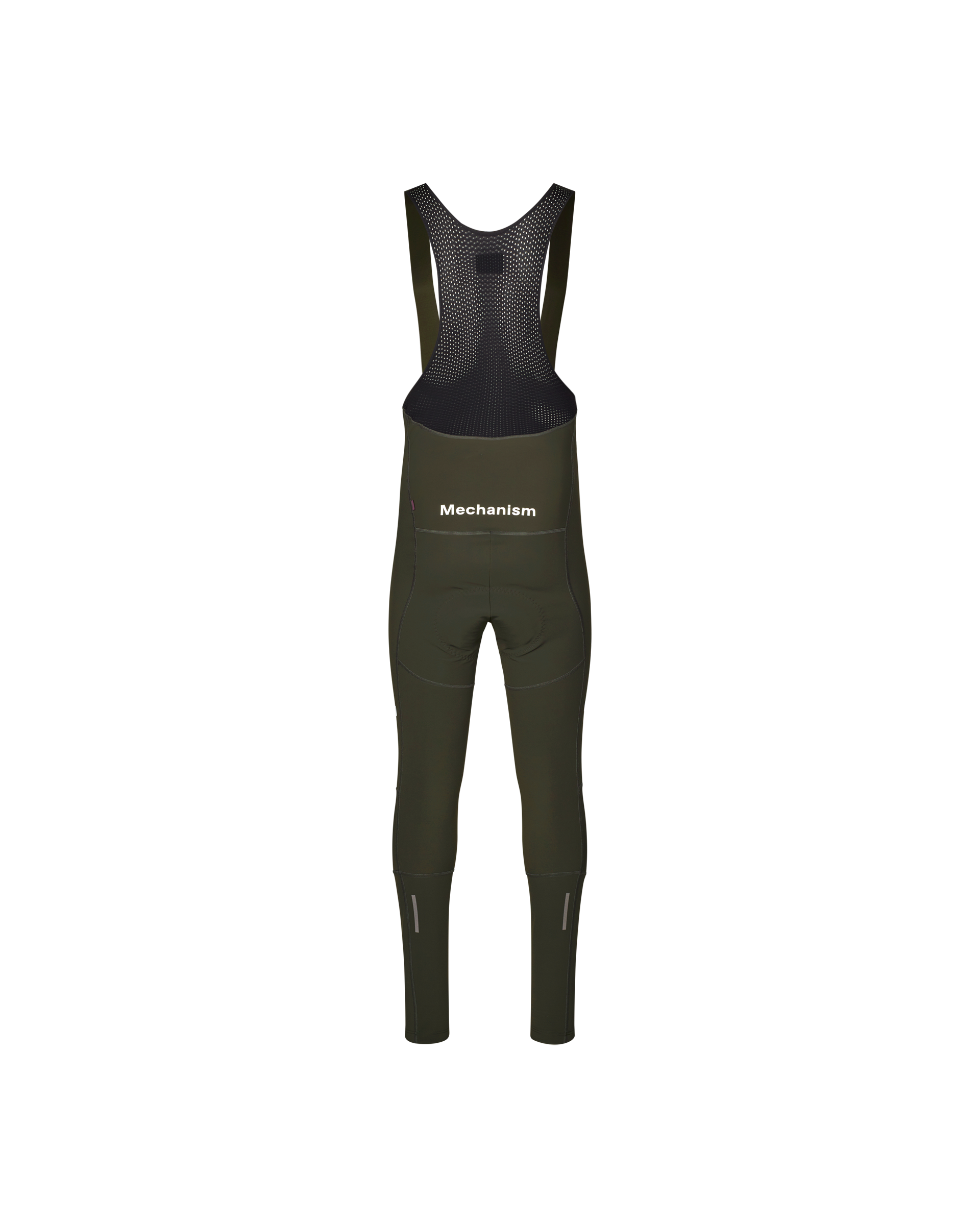 Dark Olive Mechanism Deep Winter Long cycling bibs, front flat lay with mesh bib straps