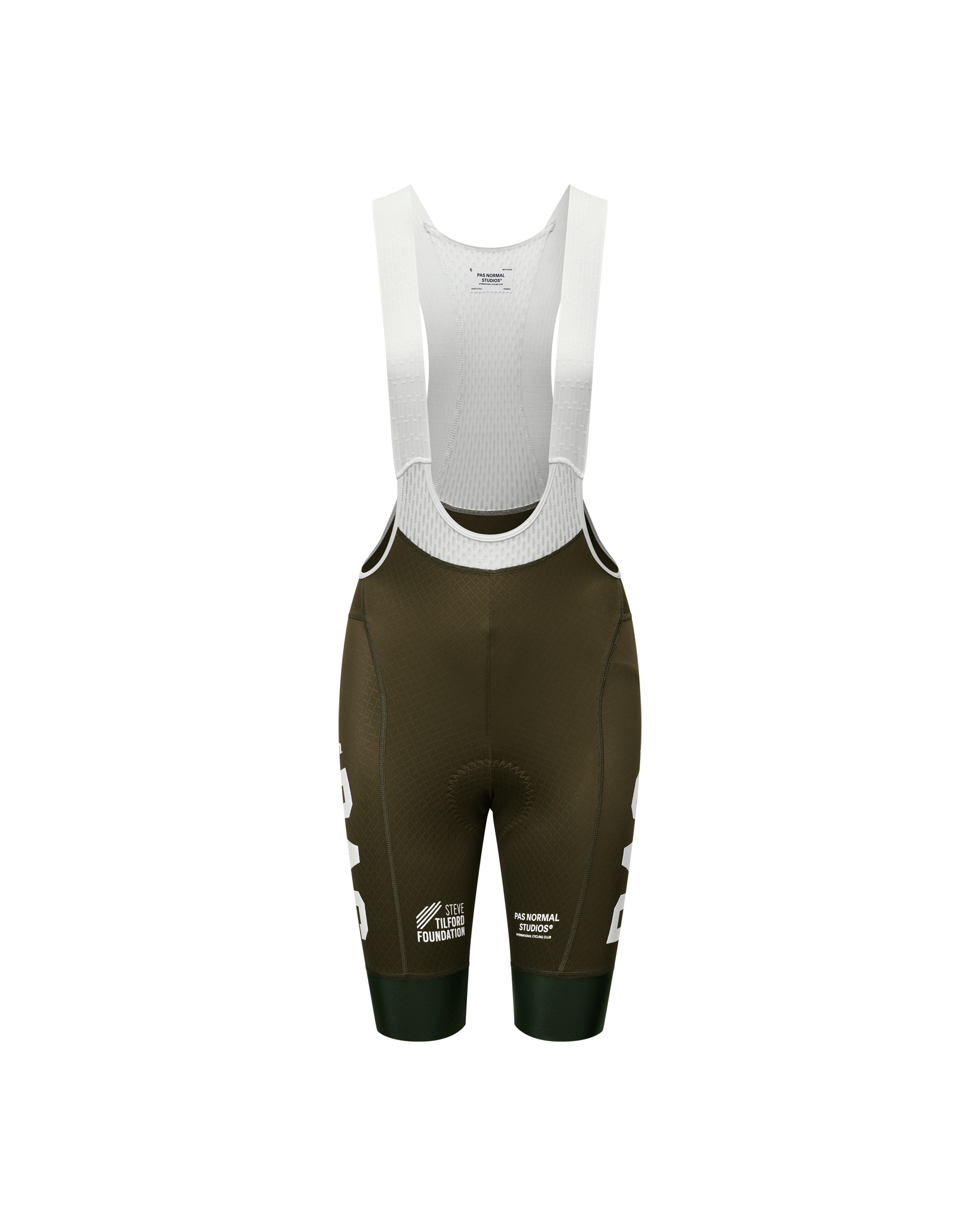 Dark Olive STFR Mechanism bibs, front flat lay with white contrast straps