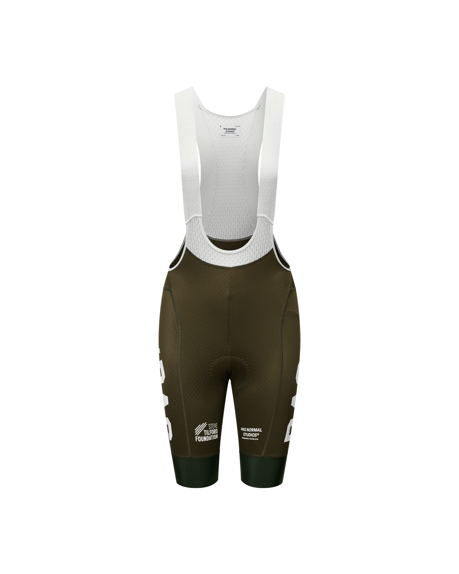 Dark Olive STFR Mechanism bibs, front flat lay with white contrast straps