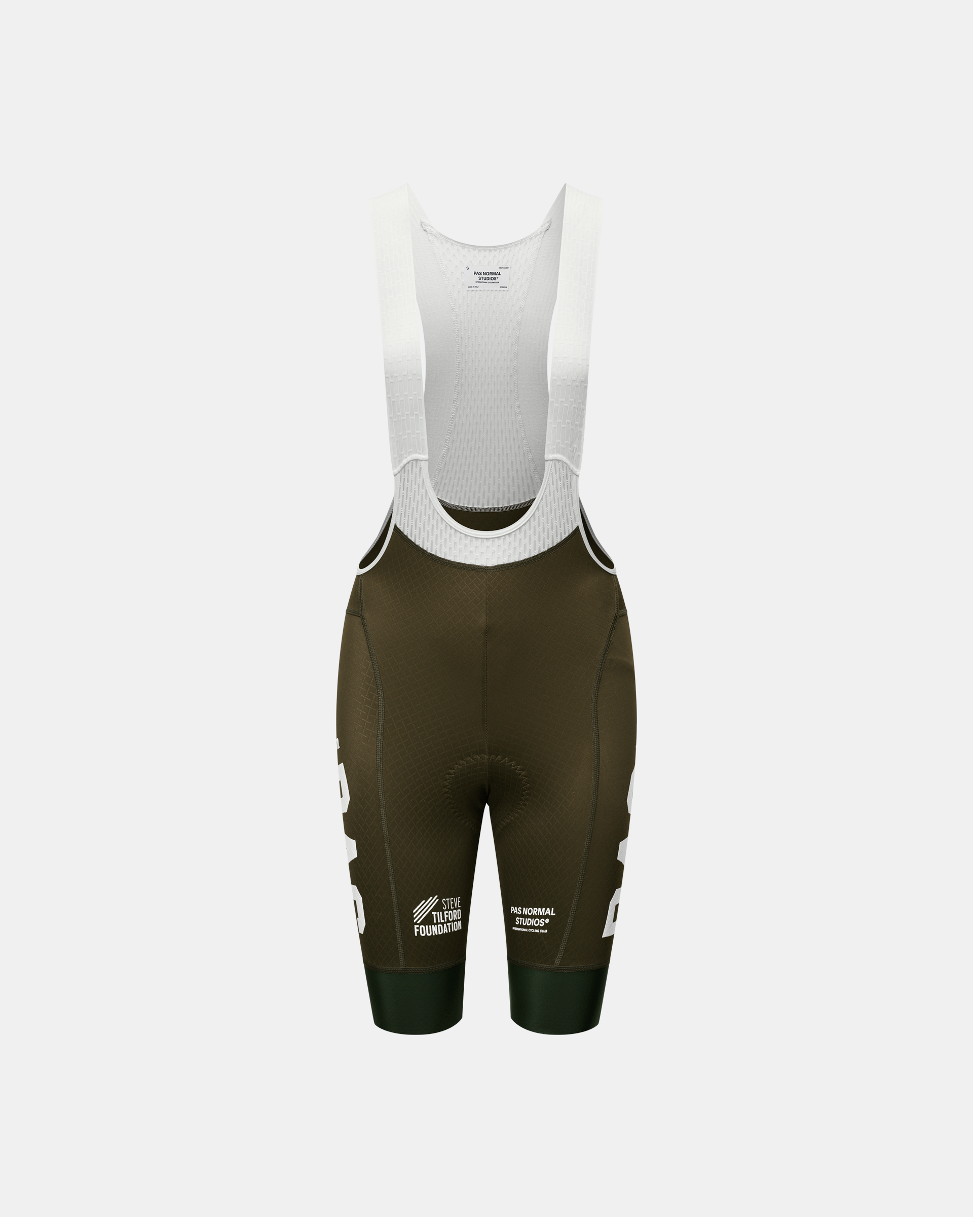 Dark Olive STFR Mechanism bibs, front flat lay with white contrast straps