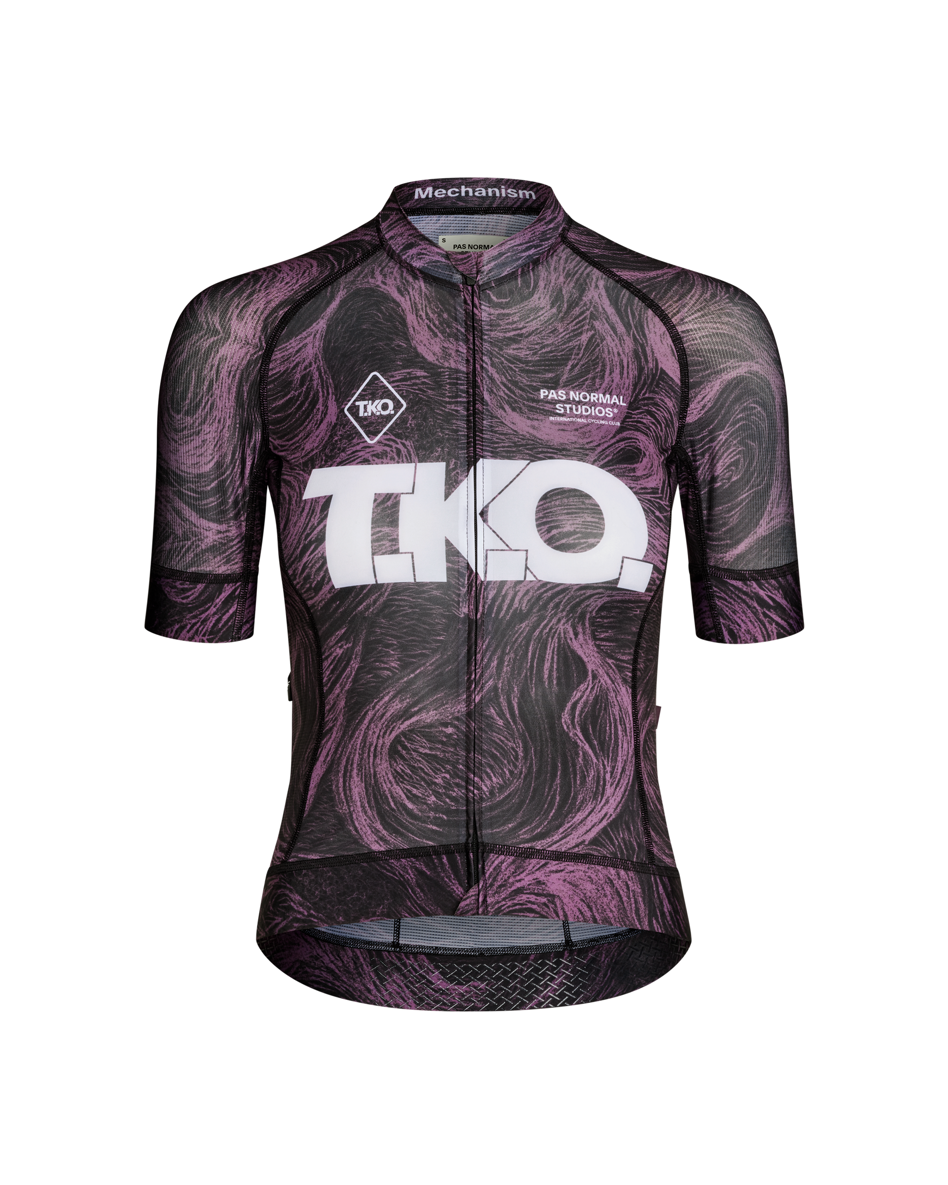 Mauve T.K.O. Mechanism cycling jersey, front flat lay with swirl print and large chest logo